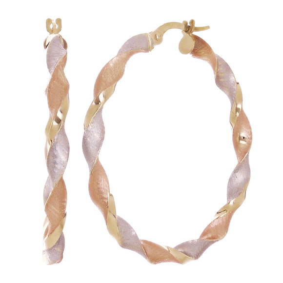 Italian 14k Tri-Color Gold Satin Twisted Hoop Earrings 1.5