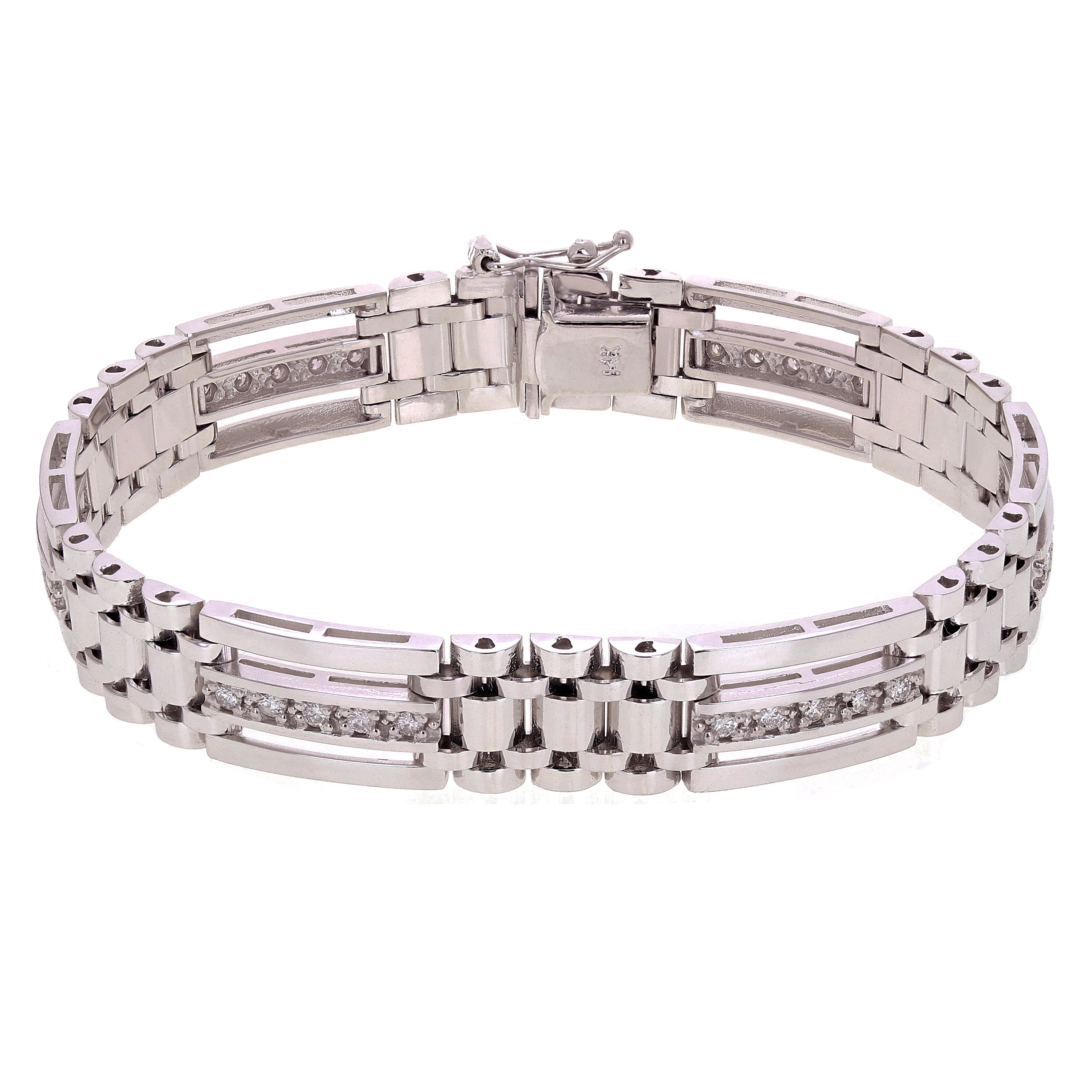Men's 14k White Gold 1.00ctw Diamond Watch Link Bracelet 8" 11.2mm 34 grams - White  8"  11.2mm  1ctw  34grams