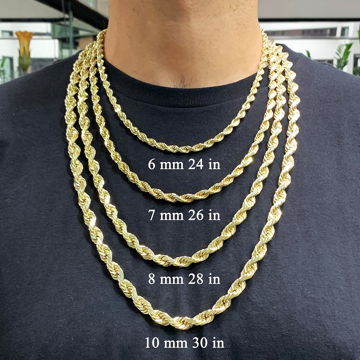 14k Yellow Gold Solid Diamond Cut Rope Chain Necklace Various Sizes ...