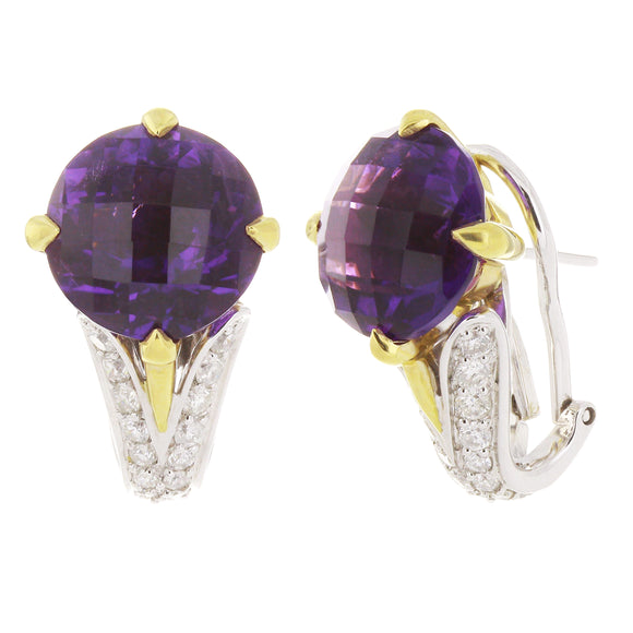 14k Two Tone Gold 0.75ctw Amethyst & Diamond Half-Hoop Earrings