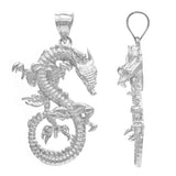 10k White Gold Solid Detailed 3D Good Luck Dragon Pendant - White