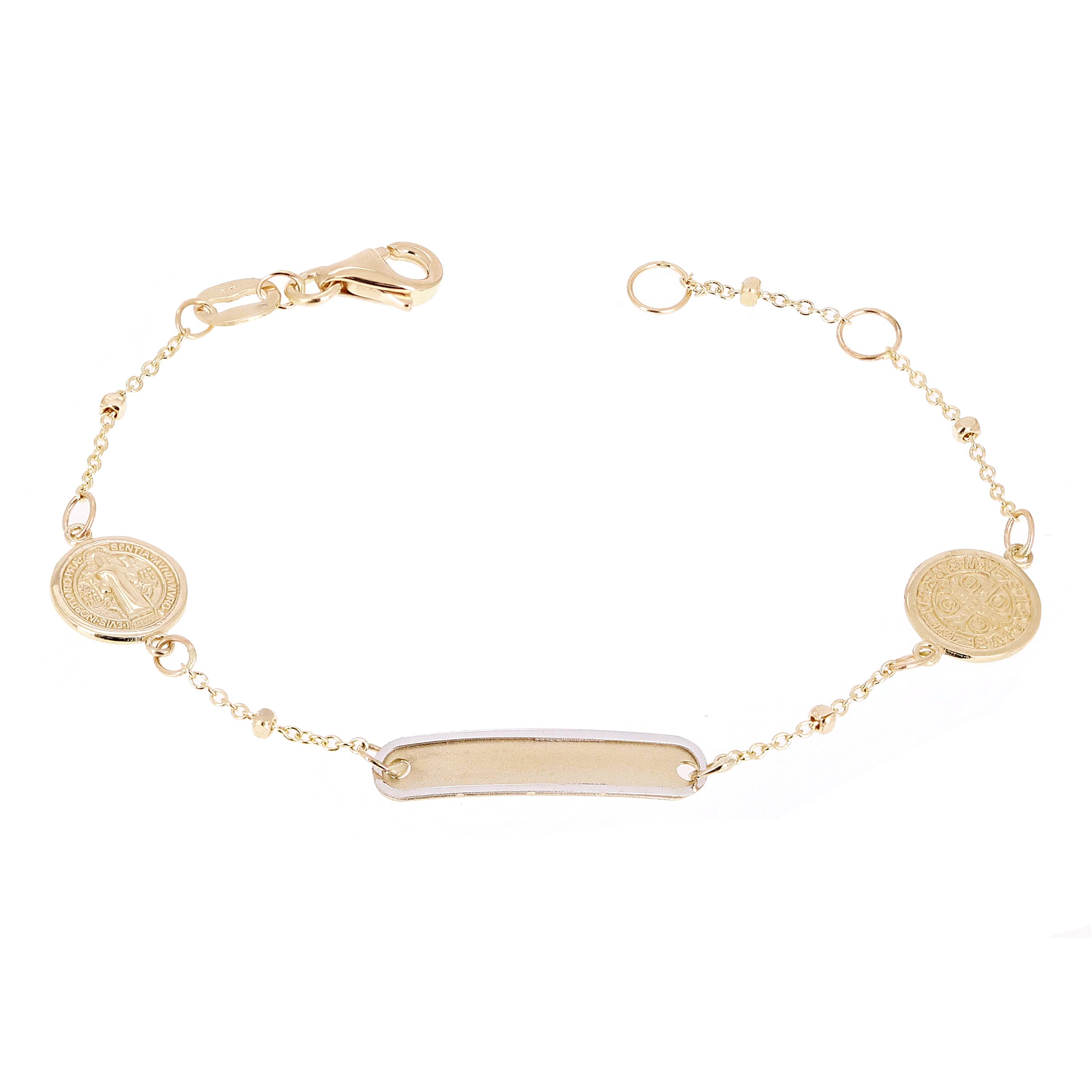 Italian 14k Two Tone Gold ST. BENEDICT MEDALLION Baby Kids ID Bracelet 5.5" 2g