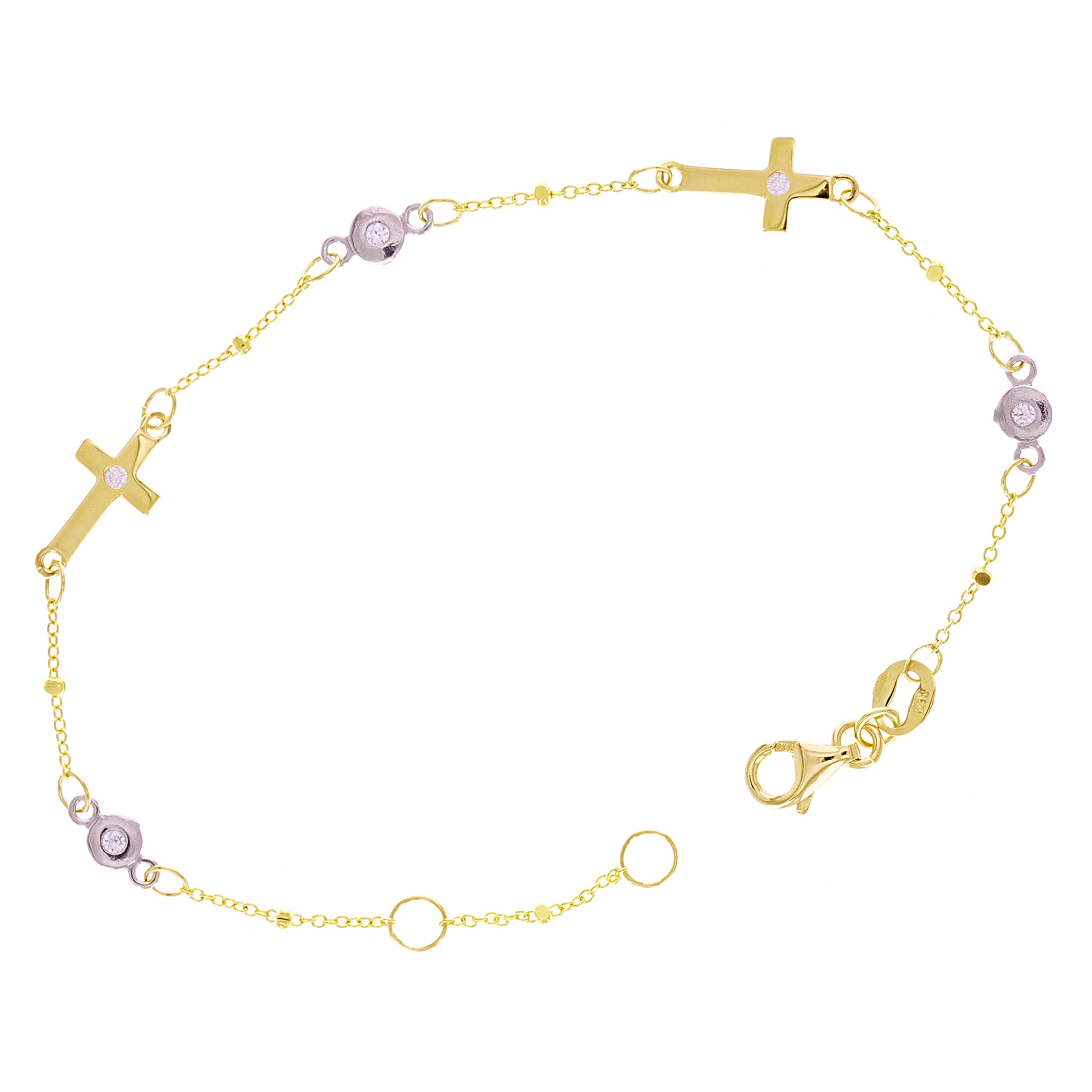 Italian 14k Two-Tone Gold Round & Sideways Cross Charm Bracelet 7" 2 grams
