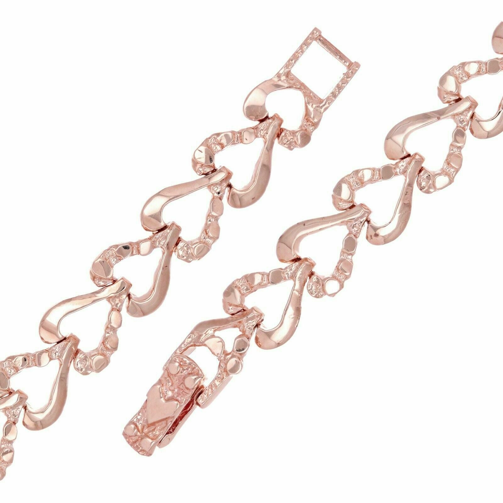 14k Rose Gold Solid Plain & Nugget Heart Link Bracelet 8.6mm 7" 13 grams - Rose,7"
