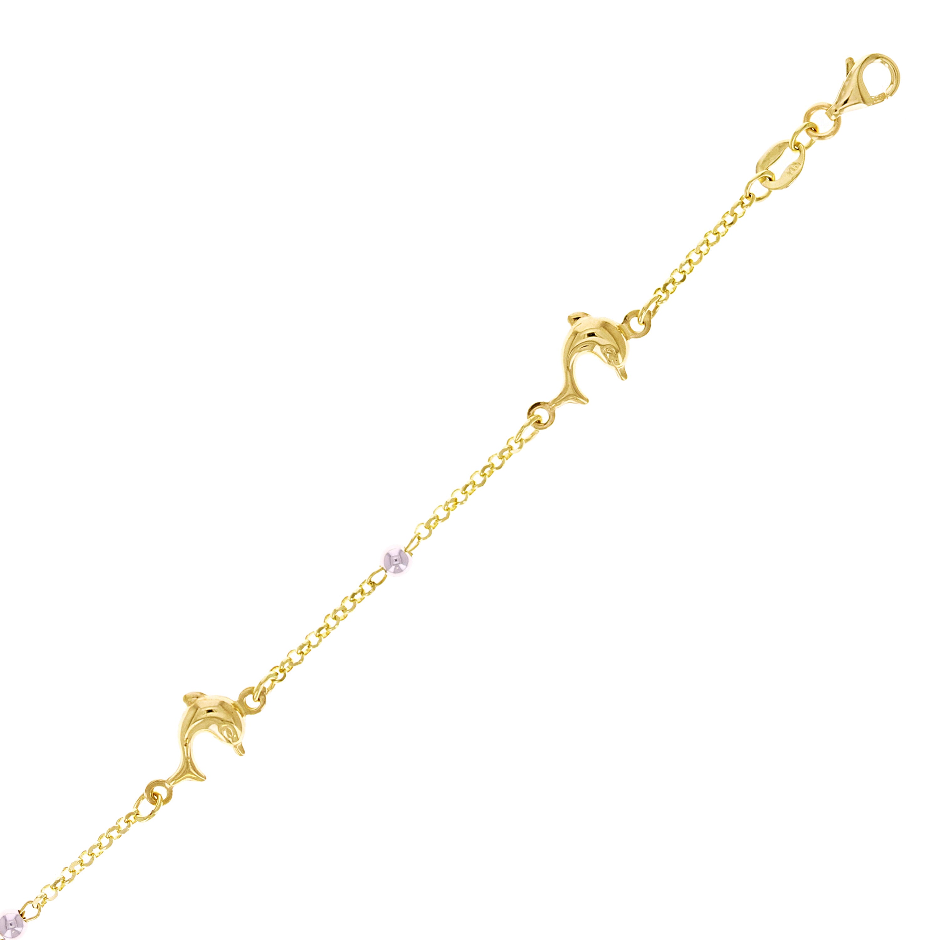 Italian 14k Two-Tone Gold Ball Bead & Dolphin Charm Bracelet 7" 2.6 grams