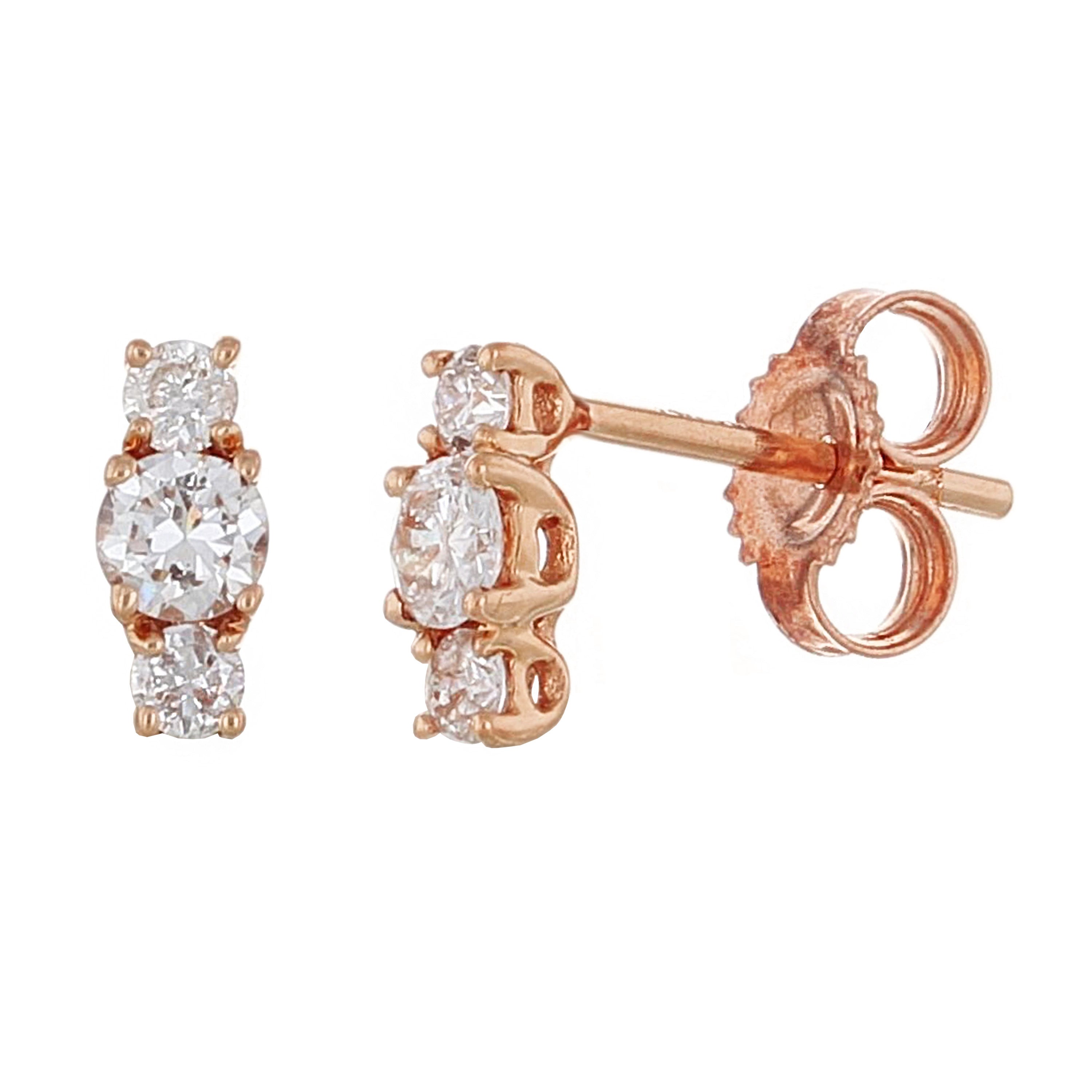 14k Rose Gold 0.30ctw Diamond 3-Stone Stud Earrings