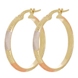 Italian 14k Tri-Color Gold Satin & Diamond Cut Hoop Earrings 1" 3mm 1.4 grams