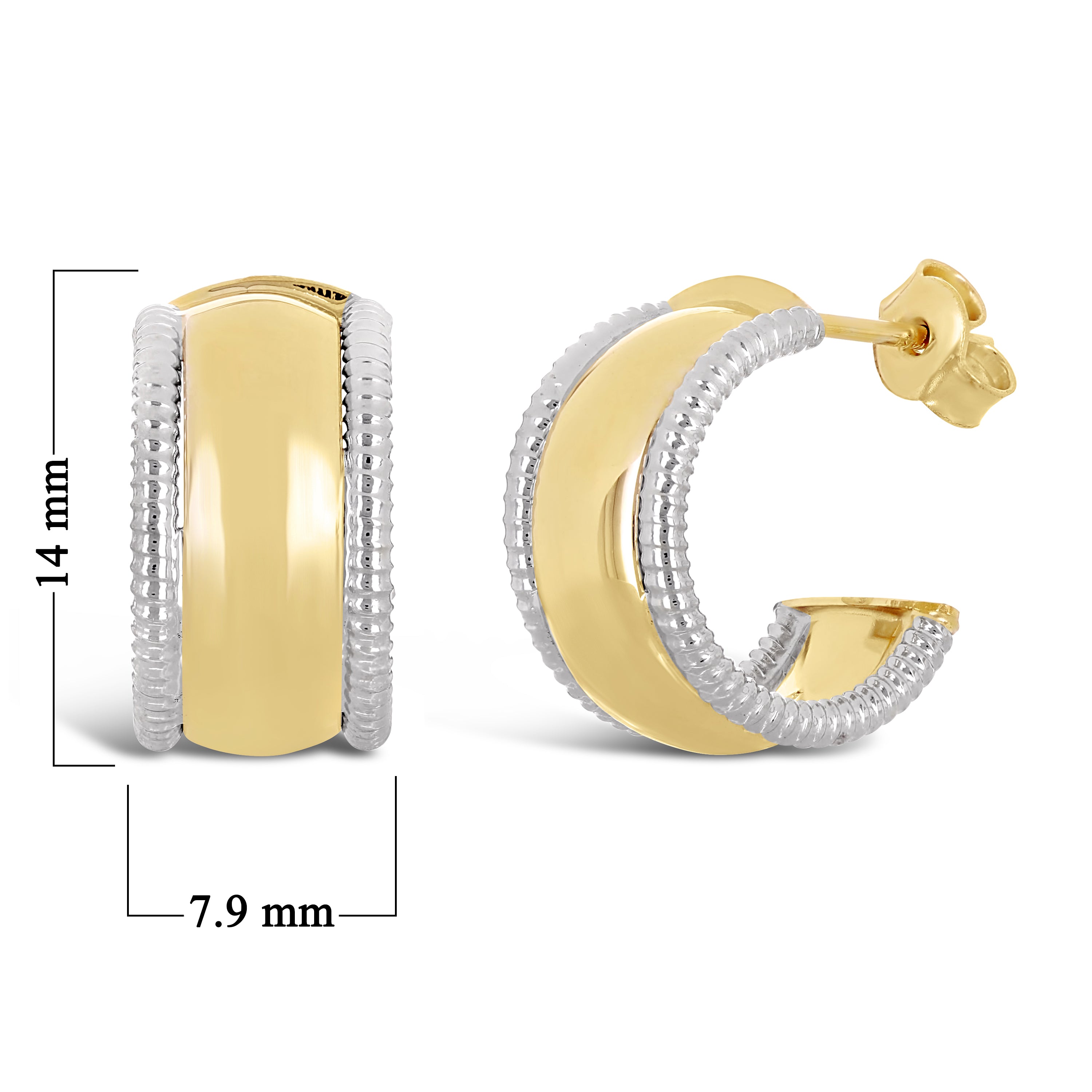 Italian 14k Yellow & White Gold Rope Shiny Small Huggie C-Shaped Hoop Earrings