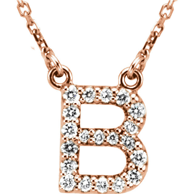 14k Rose Gold Diamond Initial Letter B Alphabet Rolo Pendant Necklace 18" - Letter B,Rose