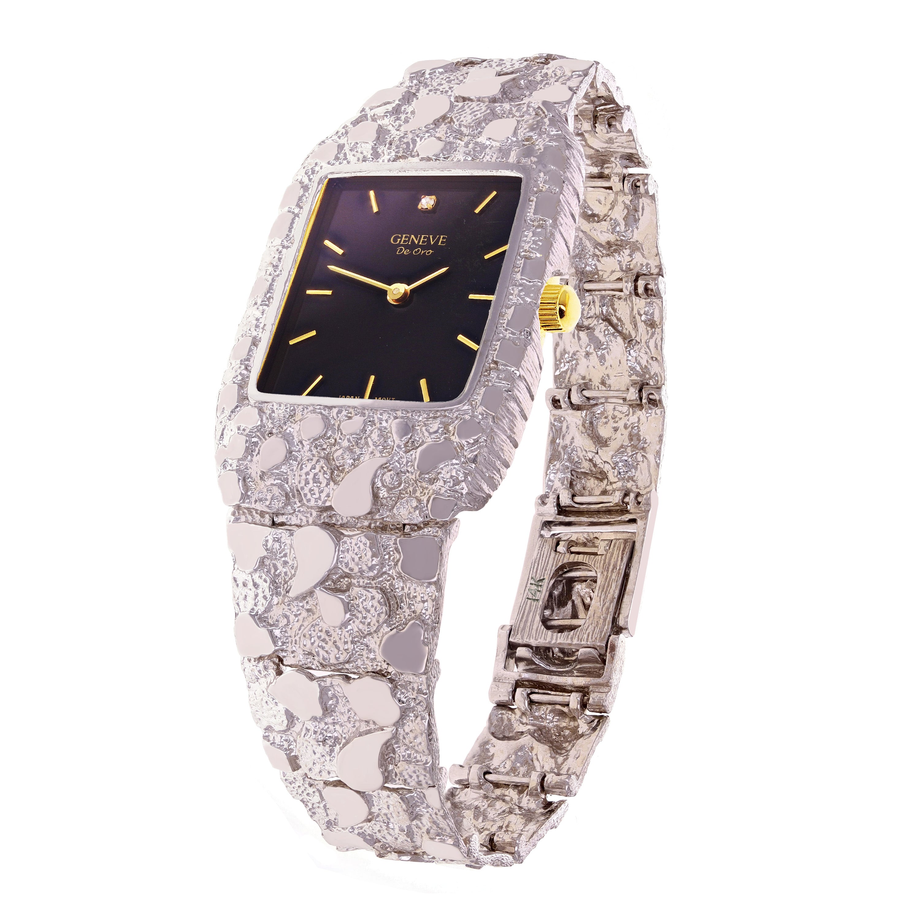 14k White Gold Nugget Link Wrist Band Geneve Diamond Watch 8-8.5" 58.1 grams