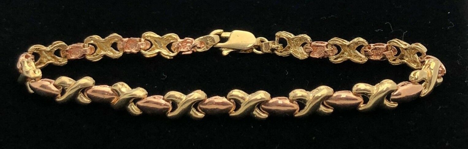 14k Two Tone Gold High Polished Hugs & Kisses XOXO Link Bracelet 7.25" 5.3mm 9g