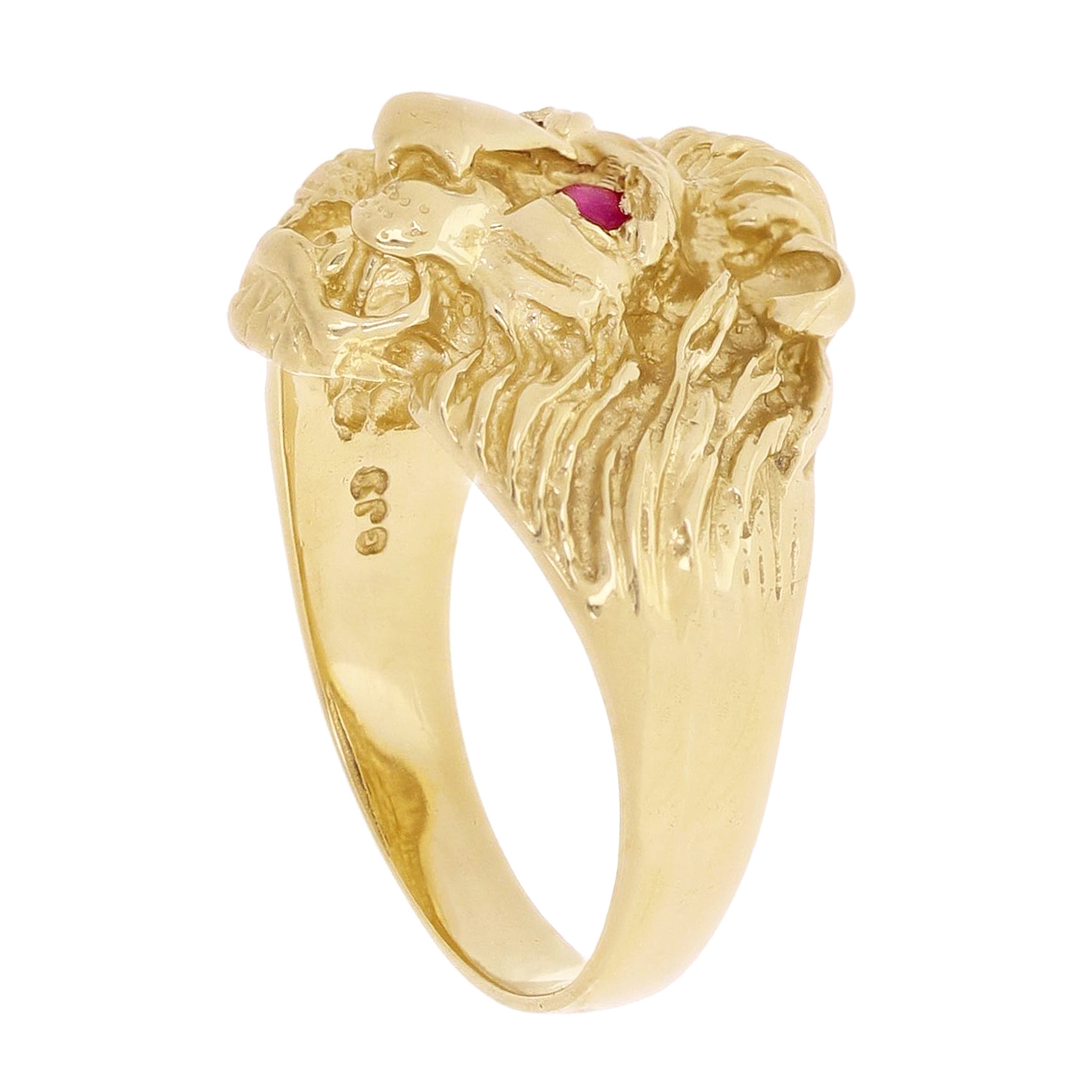 Men's 14k Yellow Gold Lion Head Ring with Ruby Eyes Size 7 - Ring Size 7