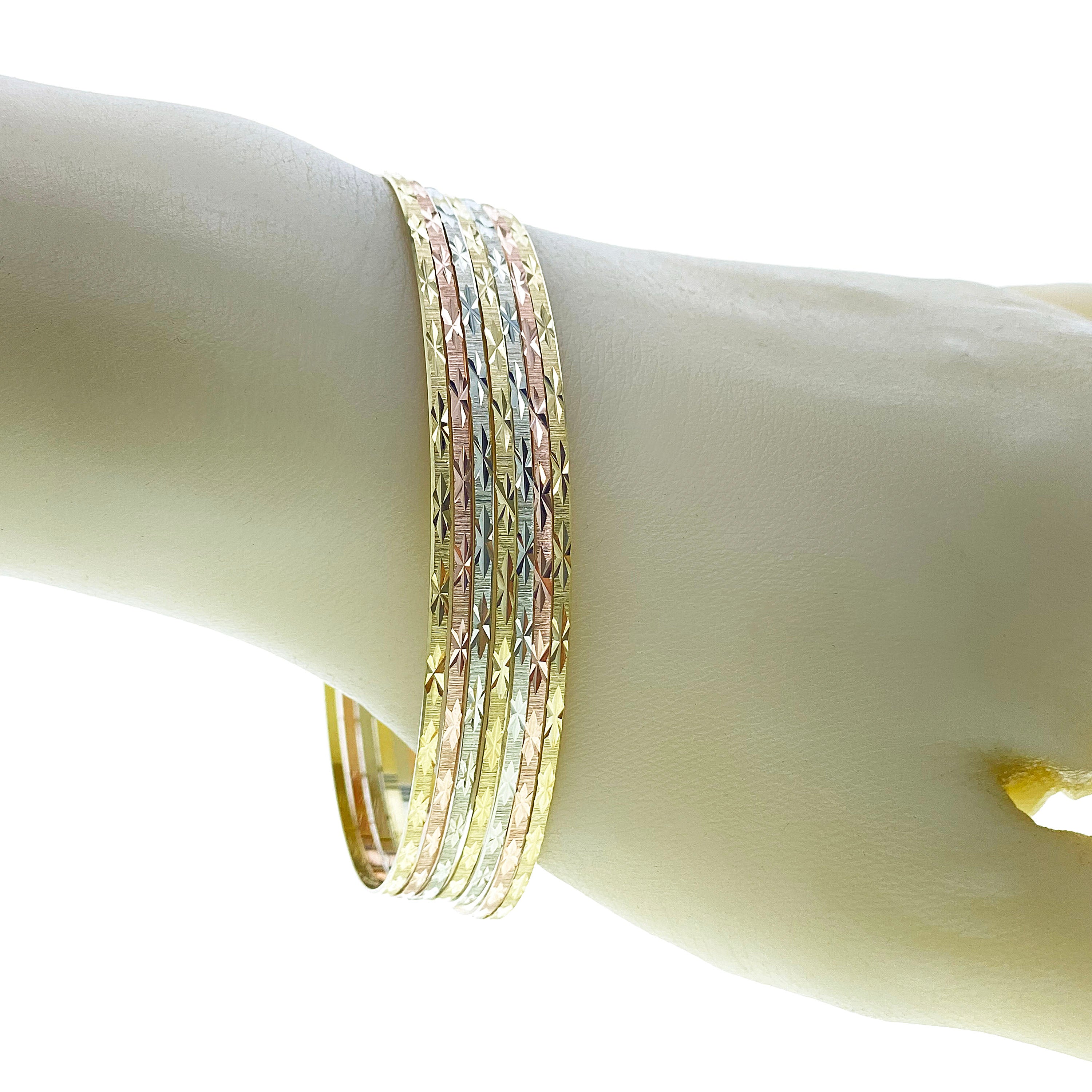 10k Tri Color Gold Diamond Cut Slip On 7 Day Bangle Bracelet 2.75" 11.5mm 17g