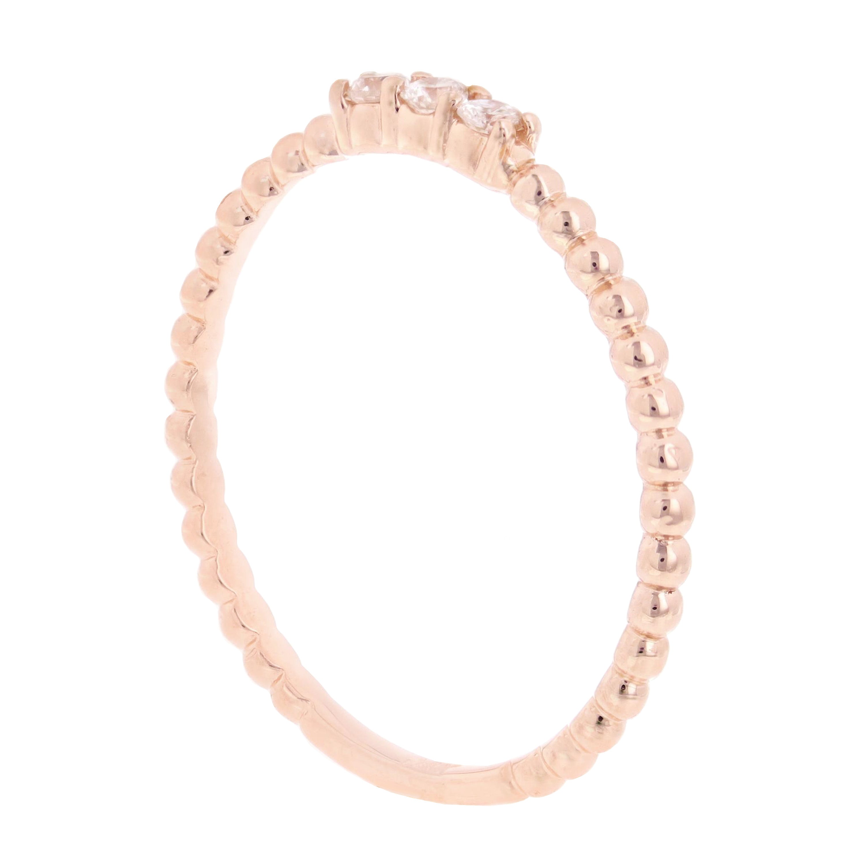 14k Rose Gold 0.09ctw Diamond 3-Stone Slim Beaded Stackable Ring Band Size 6.5 - Rose