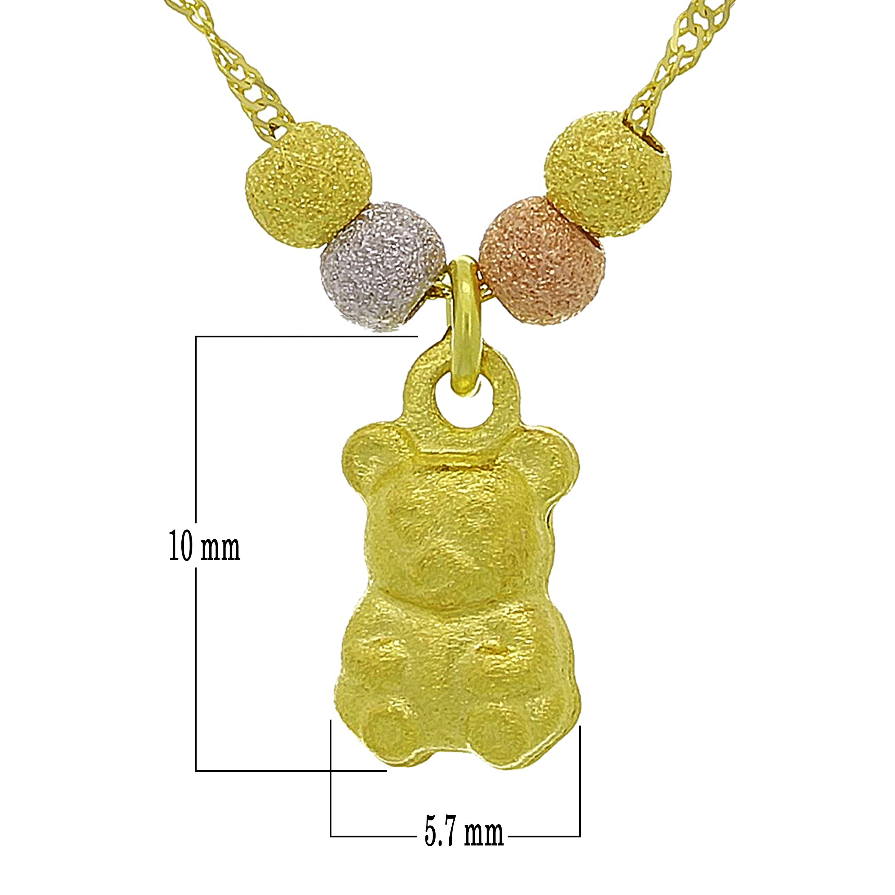 14k Tri Color Gold Ball Beads Teddy Bear Charm Singapore Chain Necklace 17" - Teddy Bear High Polish