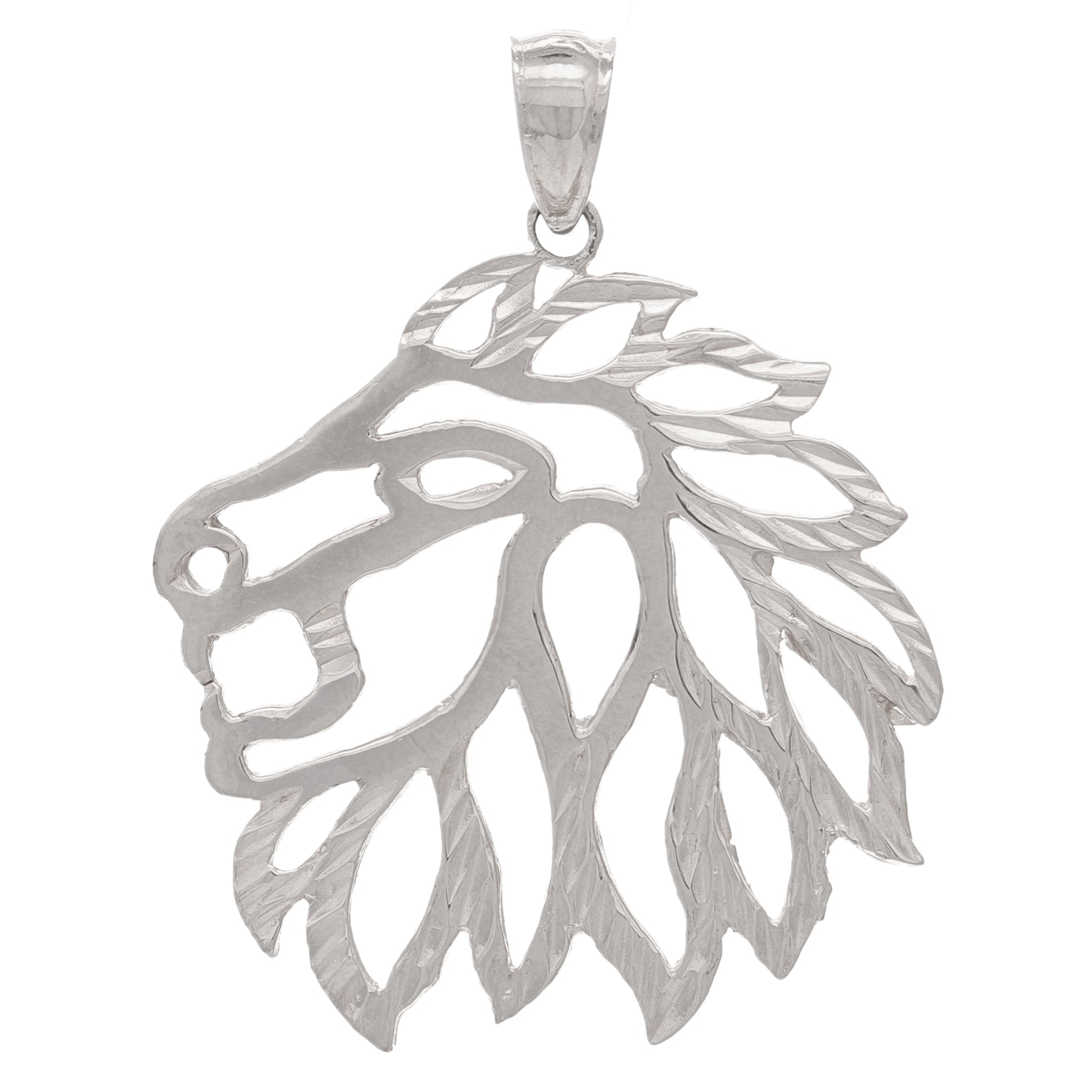 14k White Gold Diamond Cut Lion Head Lion Face Charm Pendant 1.3" 2.9 grams - White