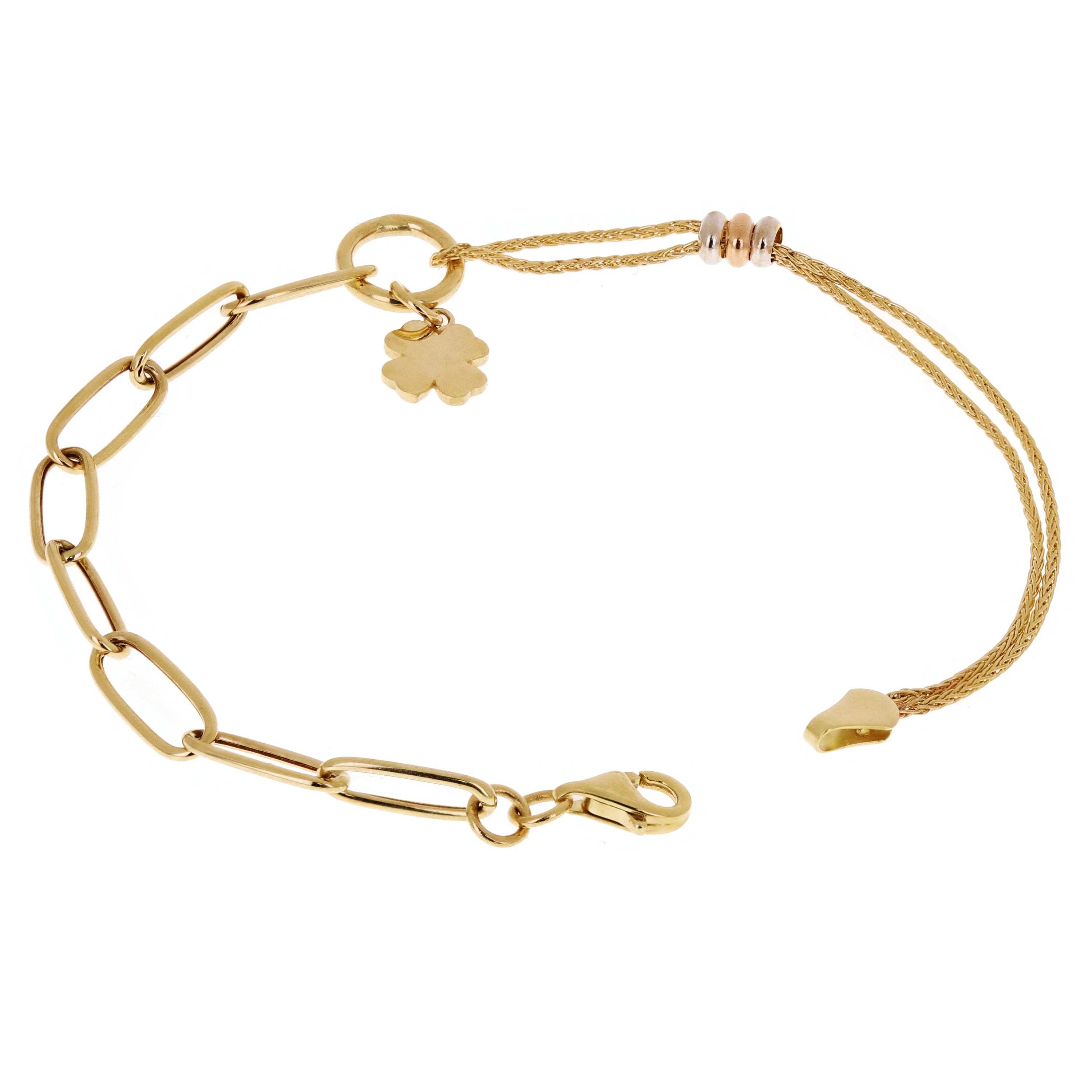 Italian 14k Tri Color Gold Wheat & Paper Clip Clover Charm Bracelet 7.5" 3.1gram