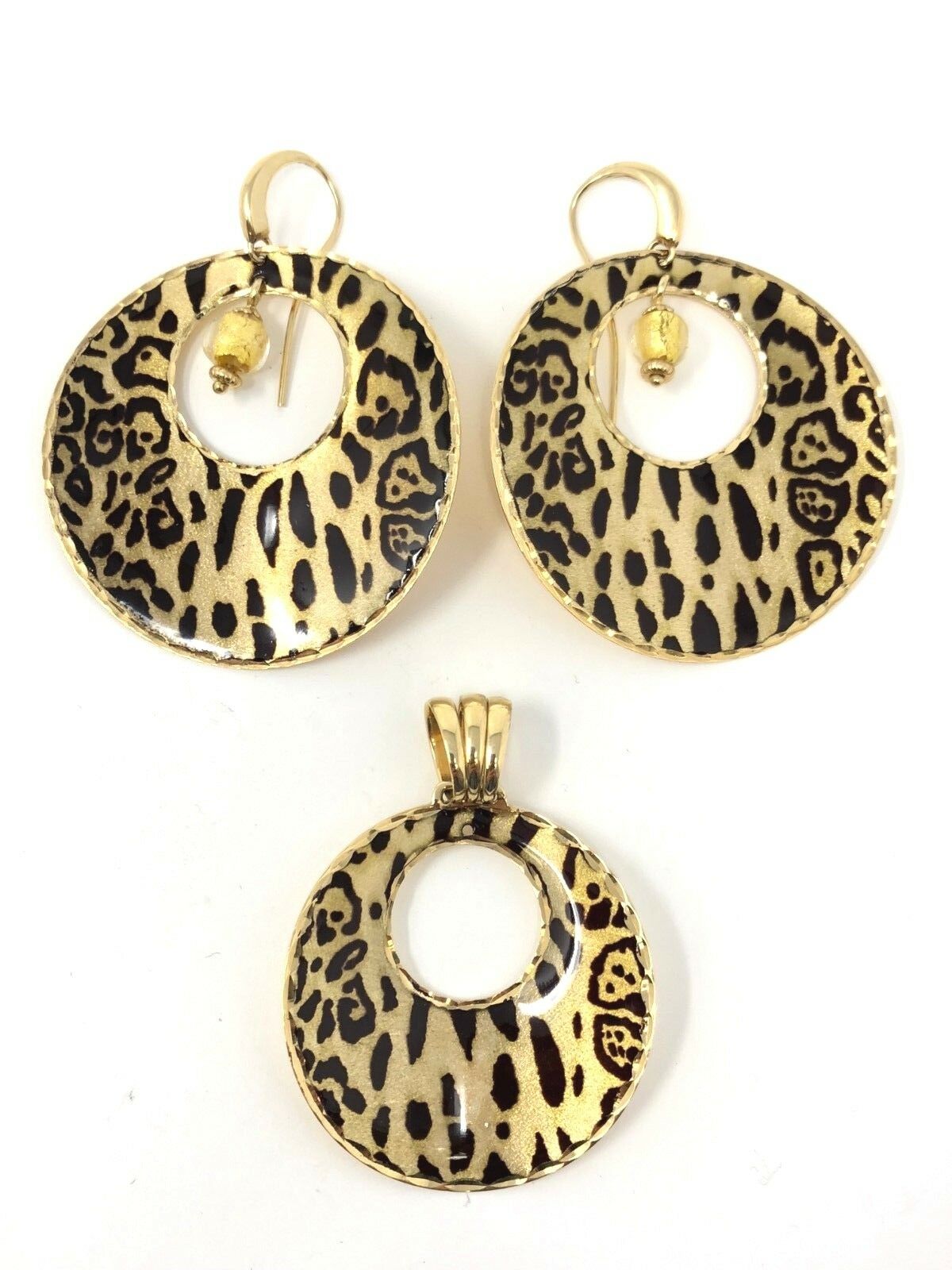 Italian 14k Yellow Gold Leopard Print Dangling Earrings & Pendant Set 21.1 grams