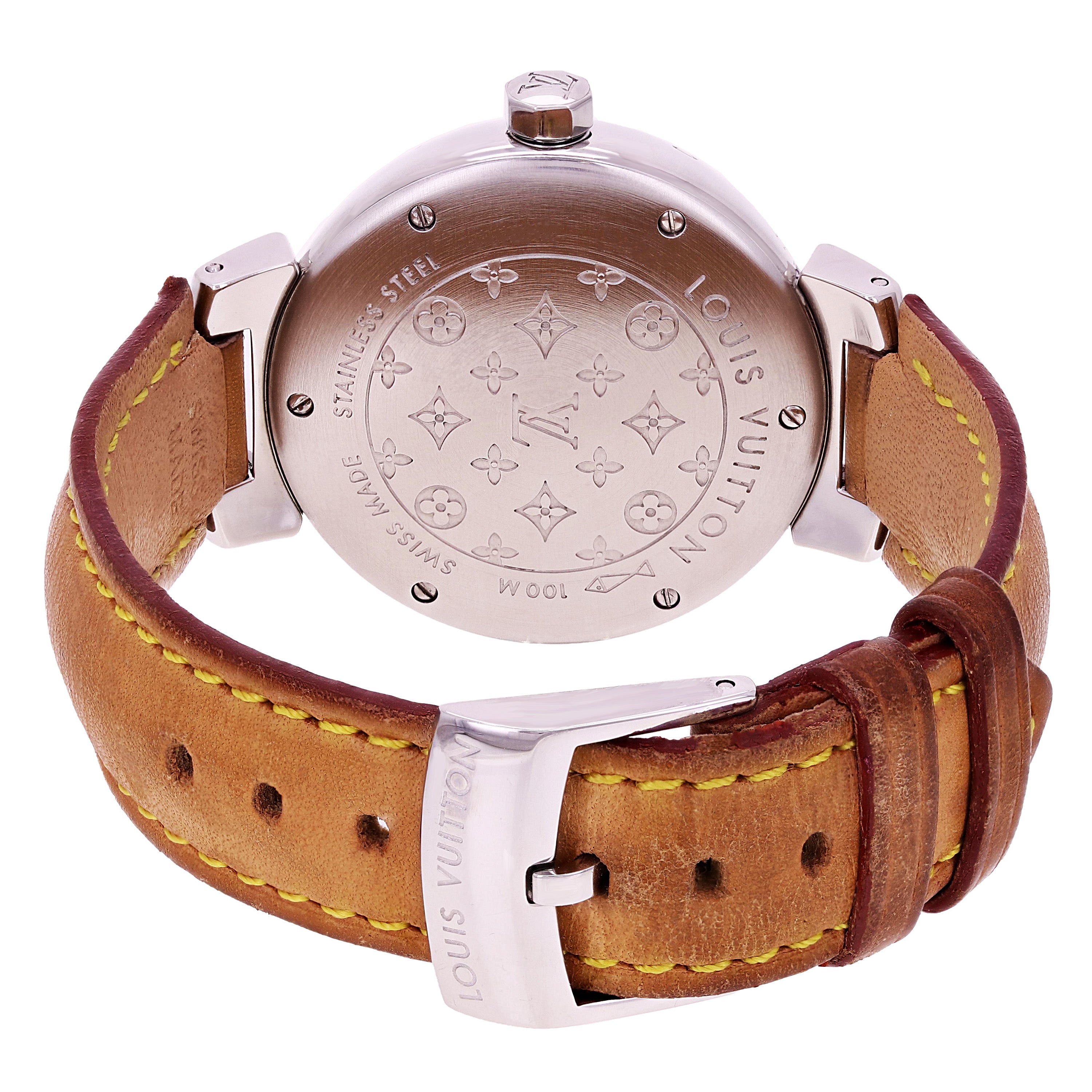 Louis Vuitton Ladies Tambour Quartz Tan Leather Strap
