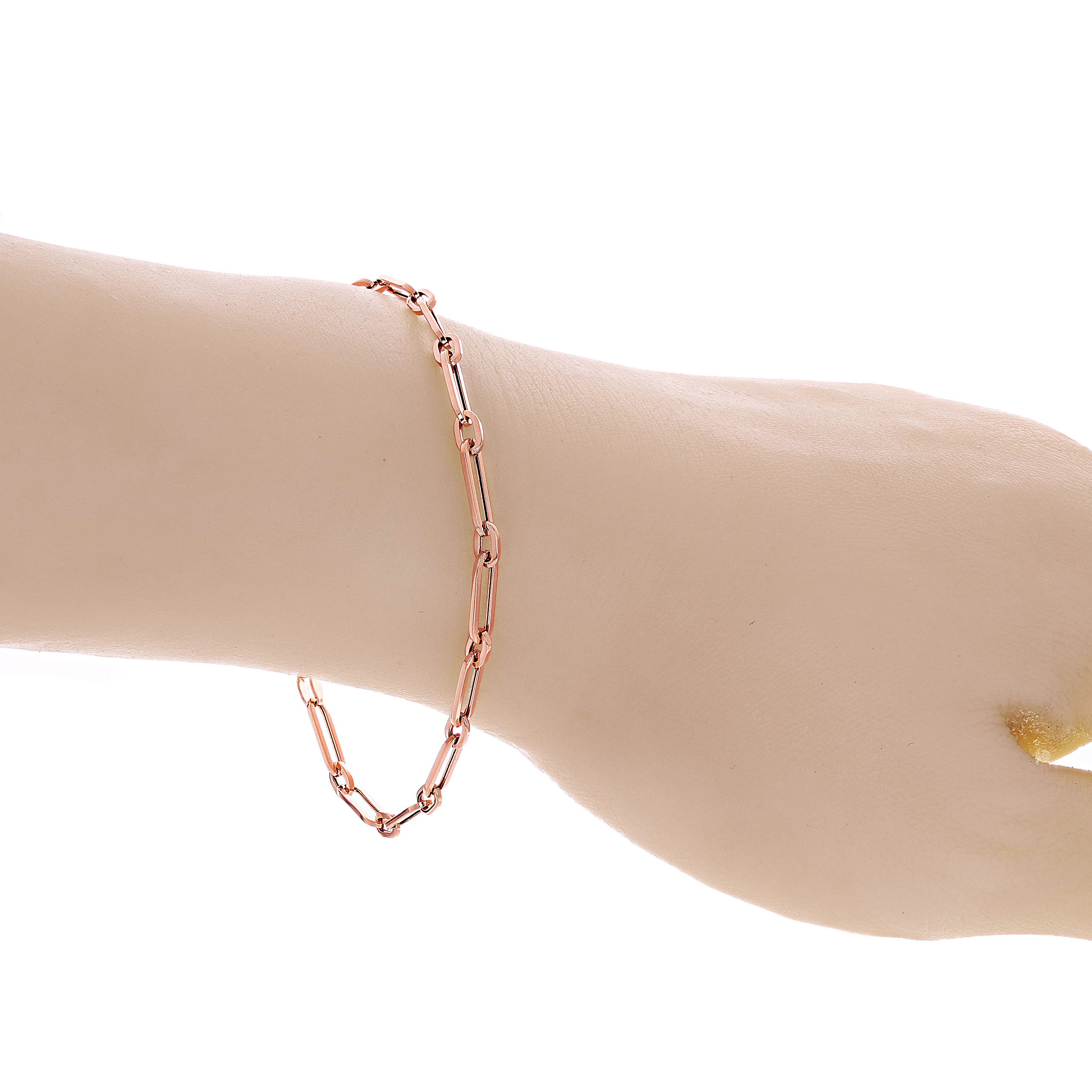 Italian 14k Rose Gold Hollow Paper Clip Links Bracelet 7" 3.2mm 1.6 grams - Rose,7"