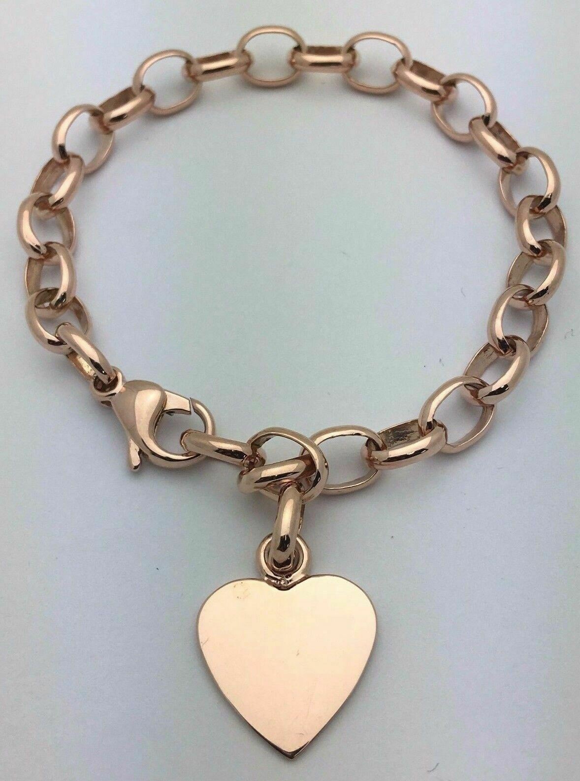 14k Rose Gold Oval Rolo Link Chain Heart Charm Bracelet 8" 18 grams