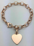 14k Rose Gold Oval Rolo Link Chain Heart Charm Bracelet 8" 18 grams