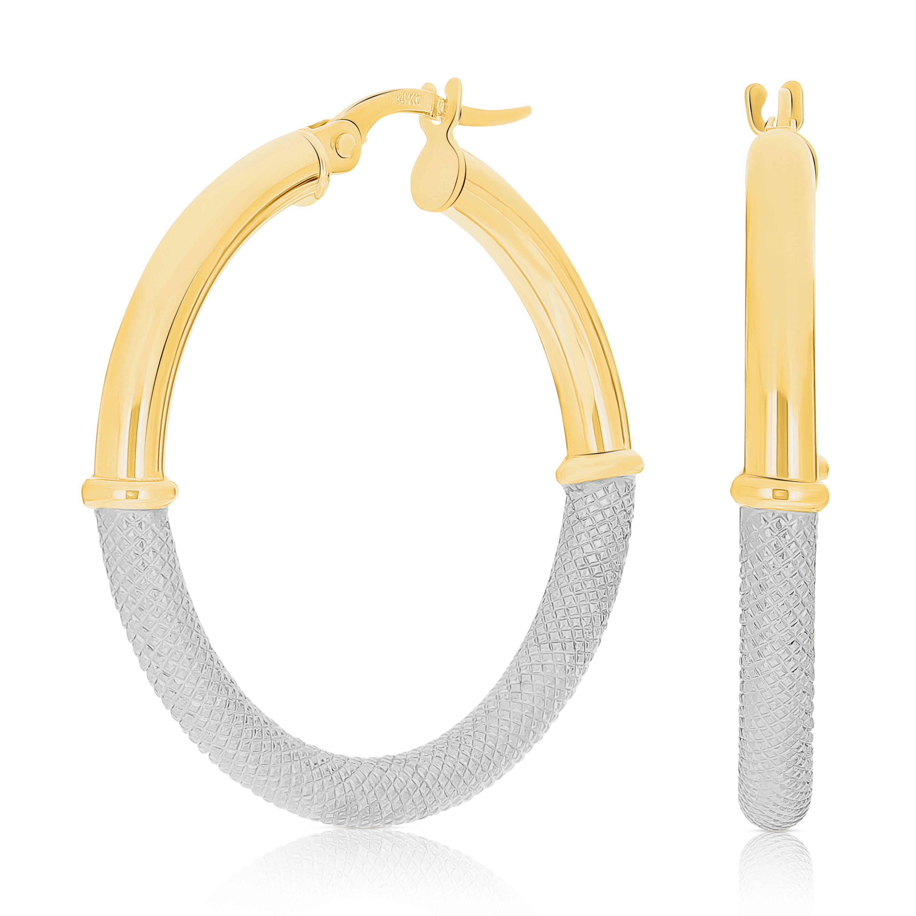 Italian 14k Yellow & White Gold Waffle Texure & Shine Hollow Hoop Earrings 1.2"