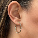 Italian 14k Yellow & White Gold Lattice Design Twisted Hollow Hoop Earrings 1.3"