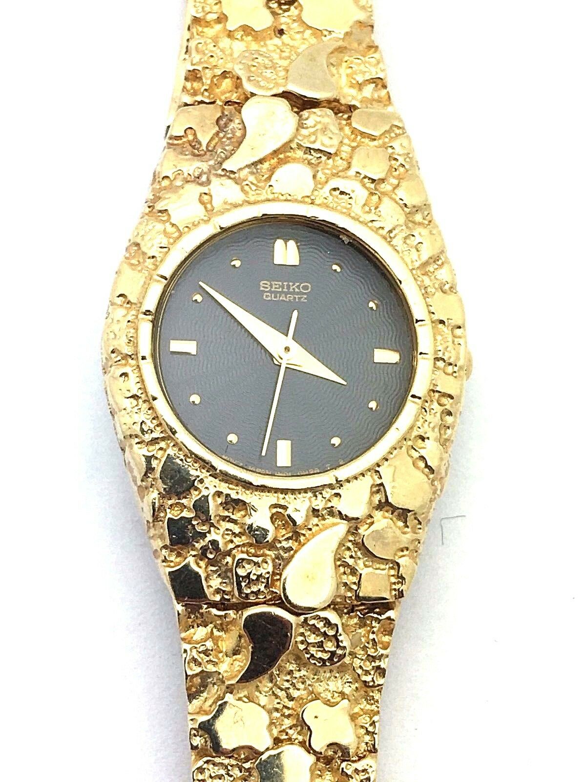 14k Yellow Gold Nugget Wrist Watch with Seiko Watch 7"-7.5" 37.2 grams