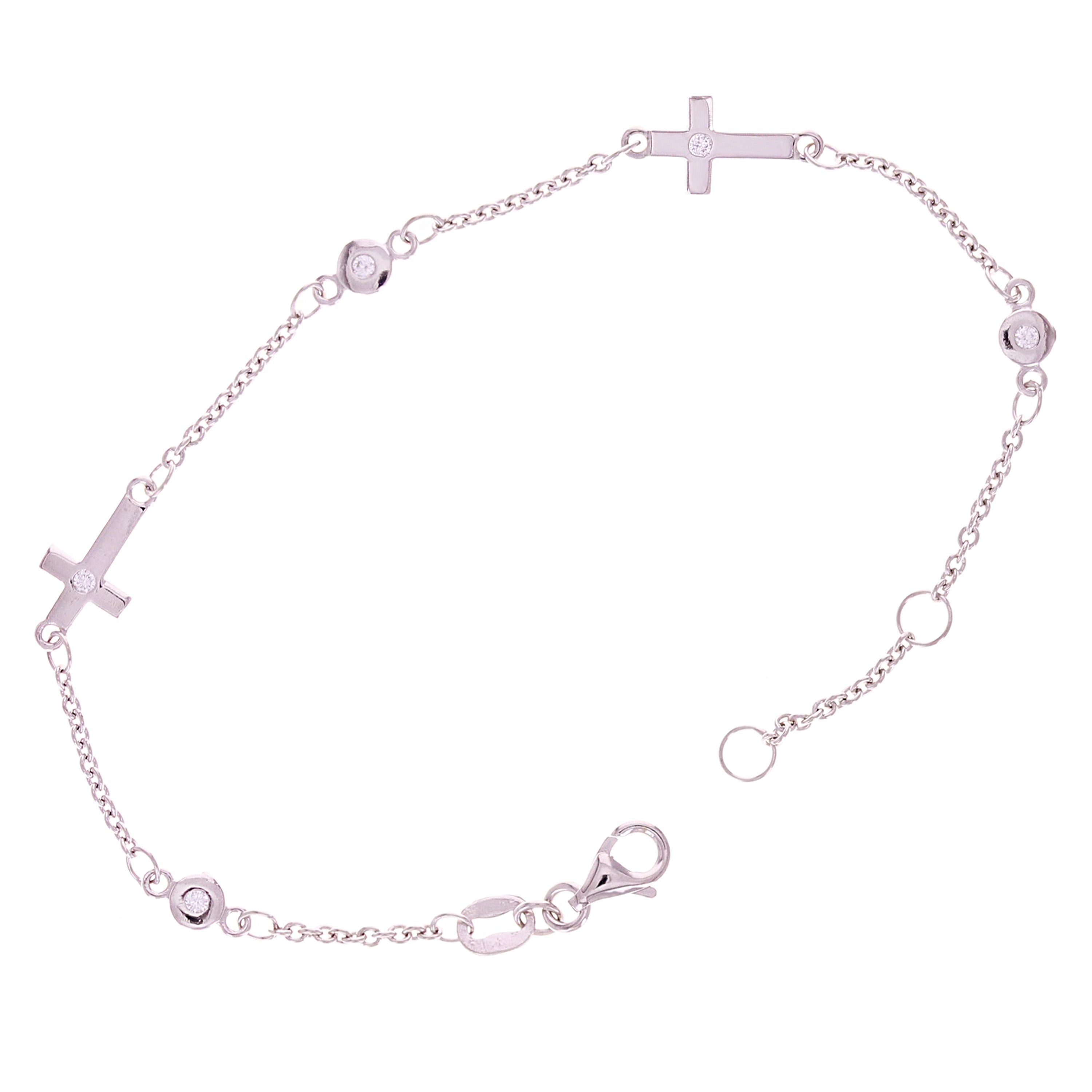 Italian 14k White Gold Round & Sideways Cross Charm Bracelet 7" 2.2 grams