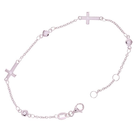 Italian 14k White Gold Round & Sideways Cross Charm Bracelet 7