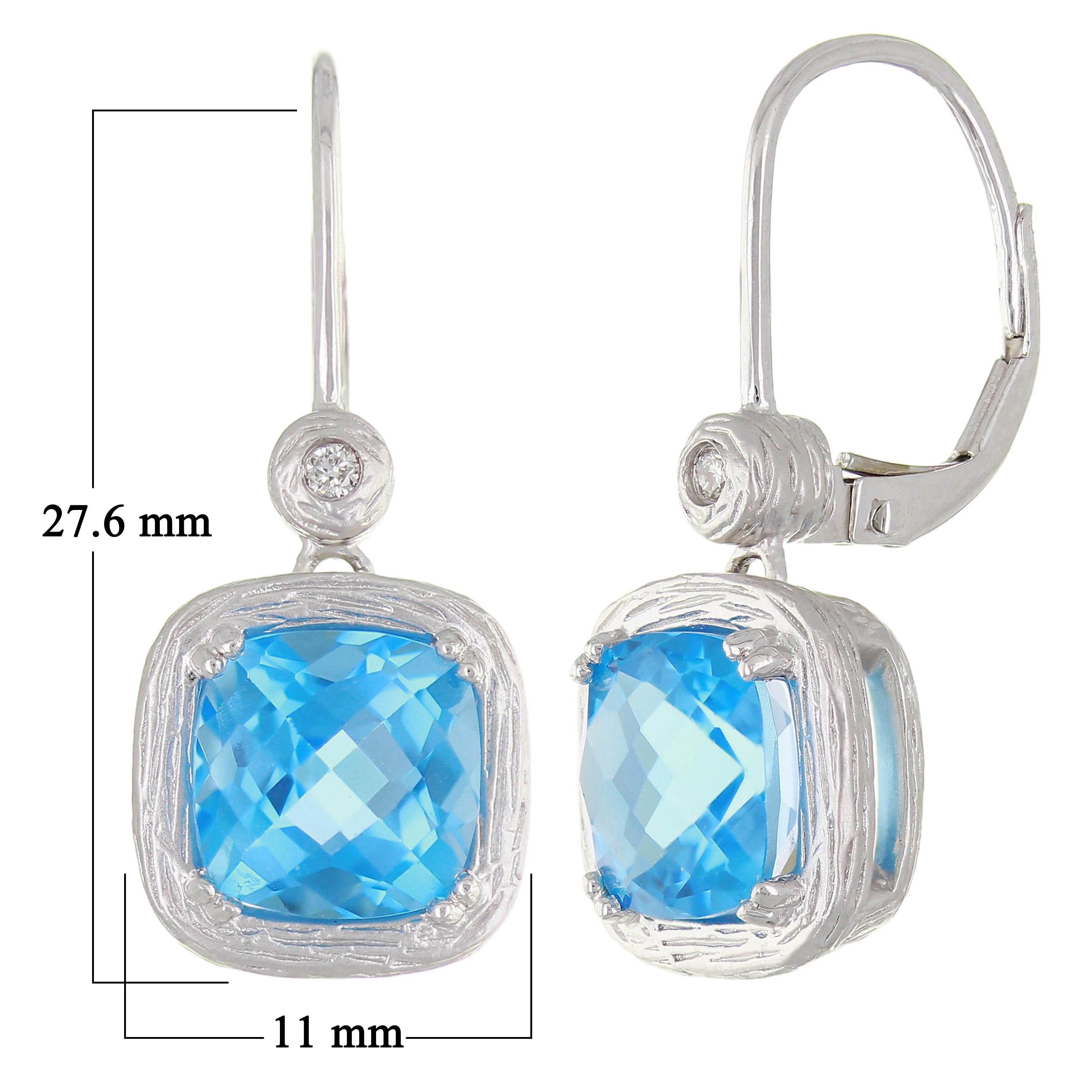 14k White Gold Blue Topaz & Diamond Textured Finish Modern Drop Earrings