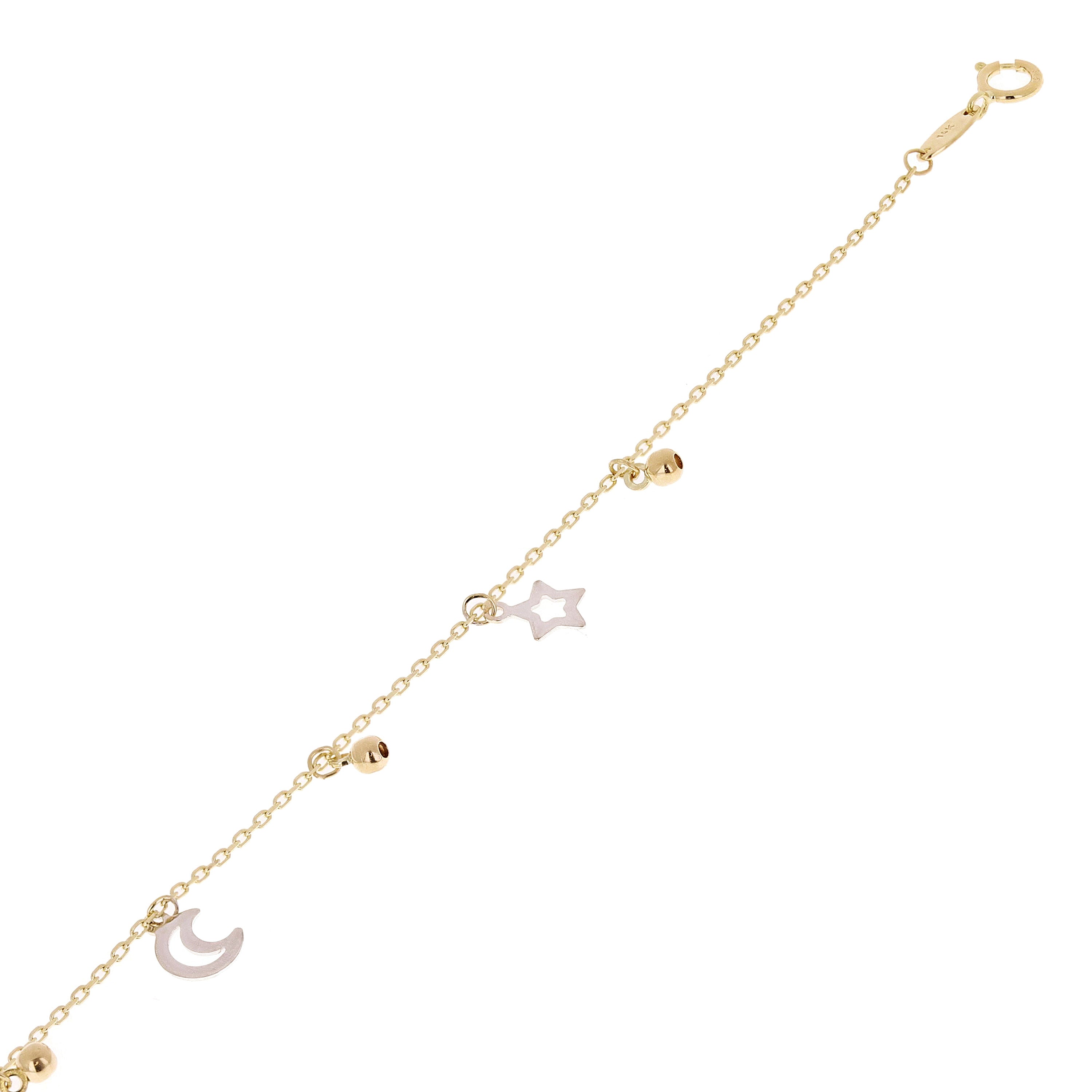 Italian 14k Two Tone Gold Moon Star Ball Beads Charm Anklet/Bracelet 10" 1.7g