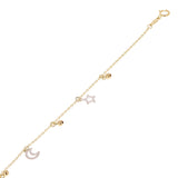 Italian 14k Two Tone Gold Moon Star Ball Beads Charm Anklet/Bracelet 10" 1.7g