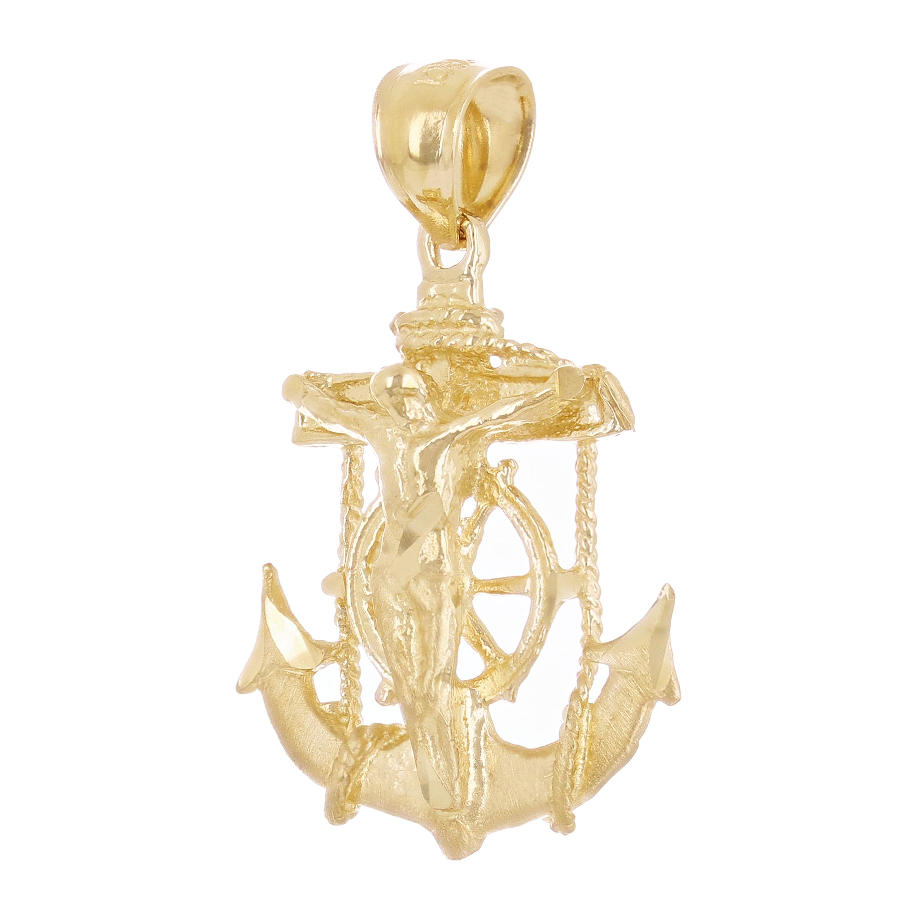 14k Yellow Gold Jesus Christ  Cross Anchor Ship Mariners Pendant 1" 2.4 grams
