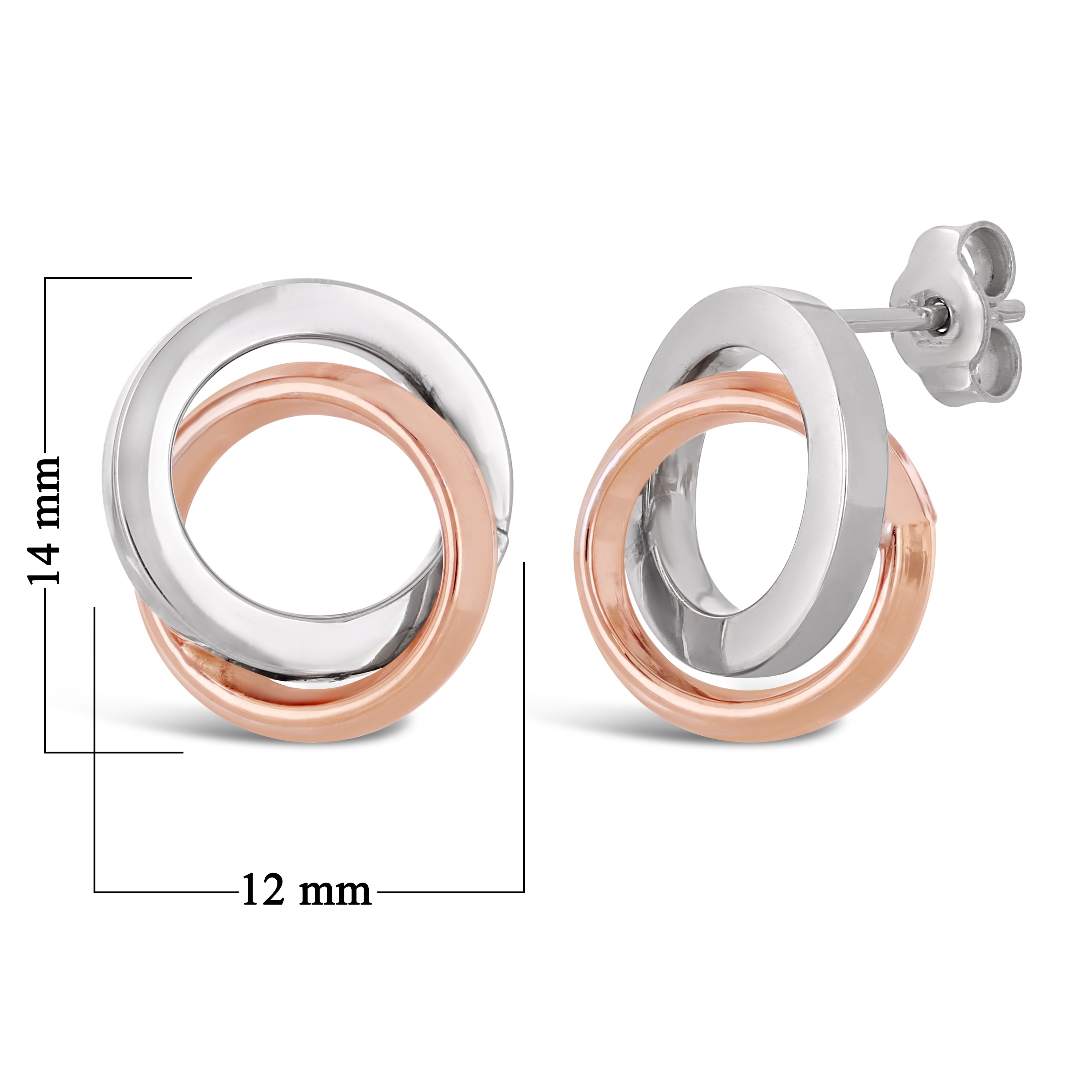 Italian 14k White & Rose Gold Shiny Tubular Double Eternity Circle Stud Earrings - Square Tubular