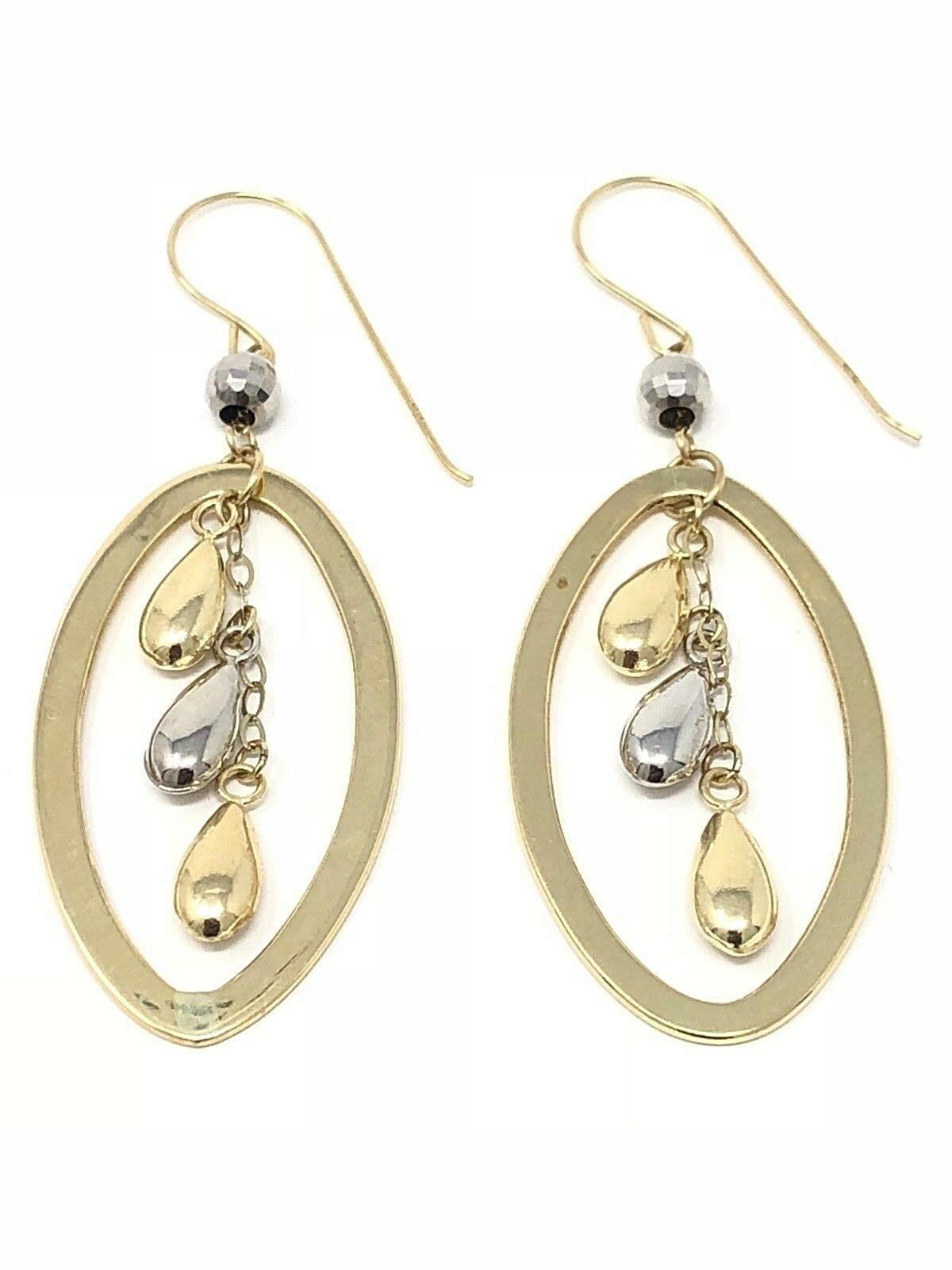14k Two Tone Tear Gold Drop Oval Dangling Earrings 2" 2.7 grams