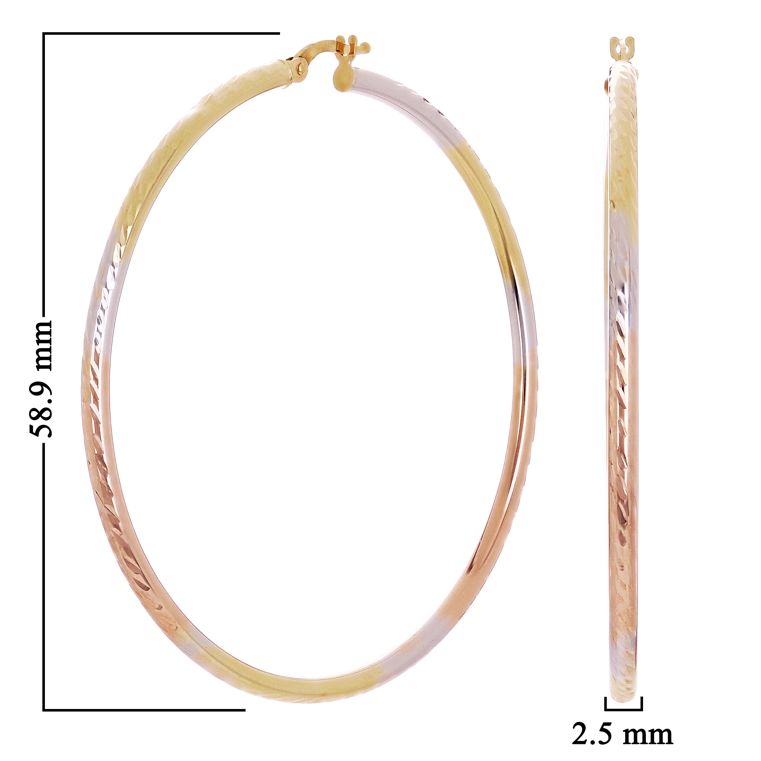 14k Tri Color Gold Diamond Cut Round Hoop Earrings 2.3" 2.5mm 3.6 grams