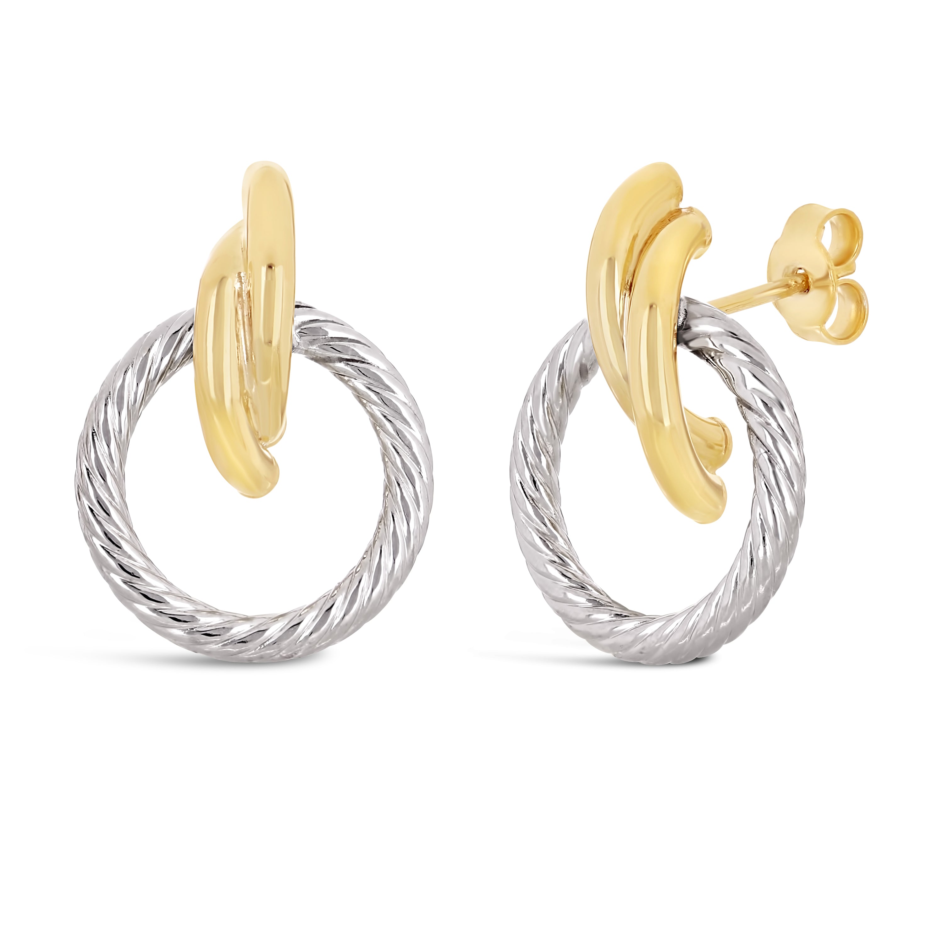 Italian 14k Yellow & White Gold Shiny Rope Eternity Circle Drop Stud Earrings - Shiny Rope Eternity