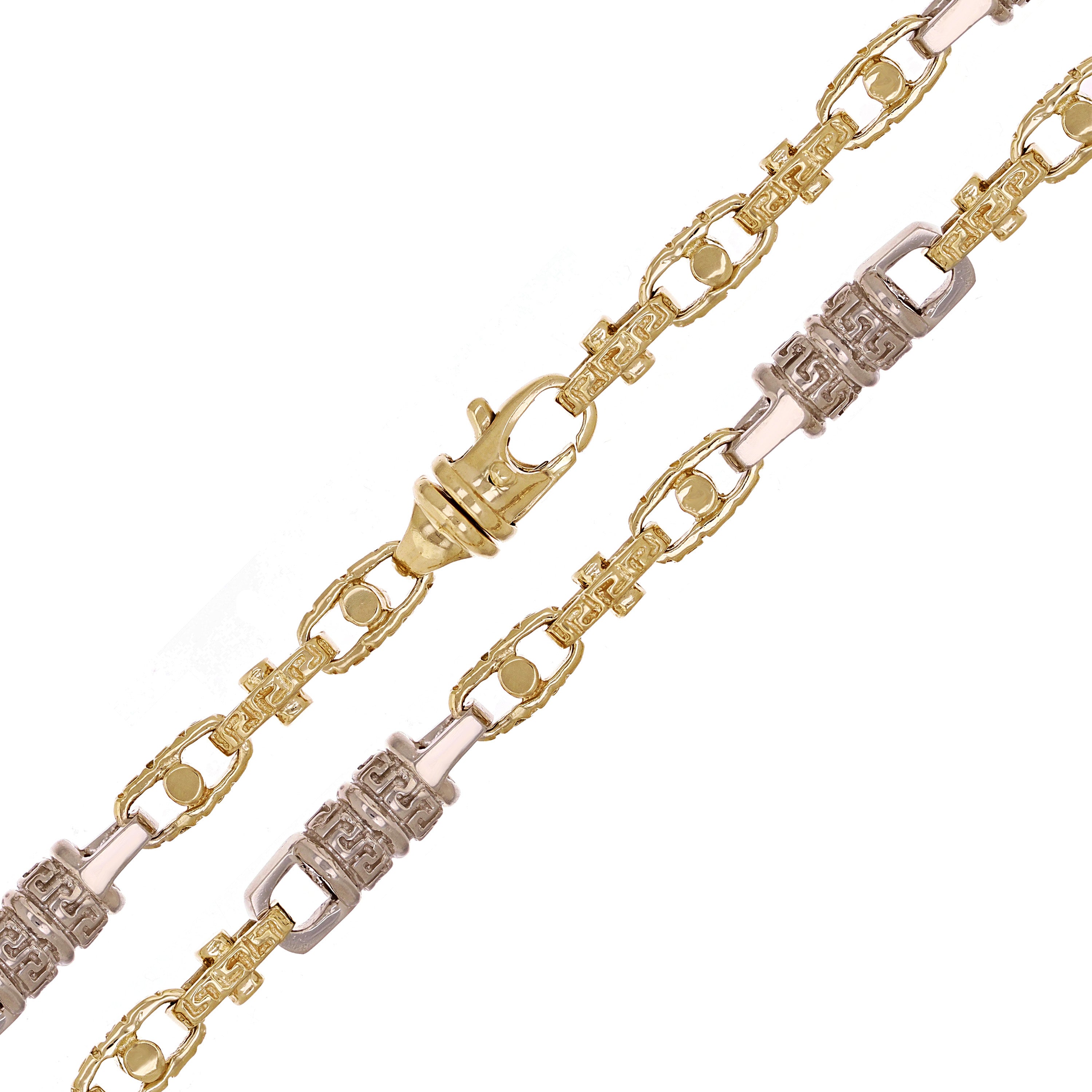 14k Yellow & White Gold Greek Barrell & Links Gold Necklace 20" 7.5mm 81.7 grams - 20" 81.7 grams