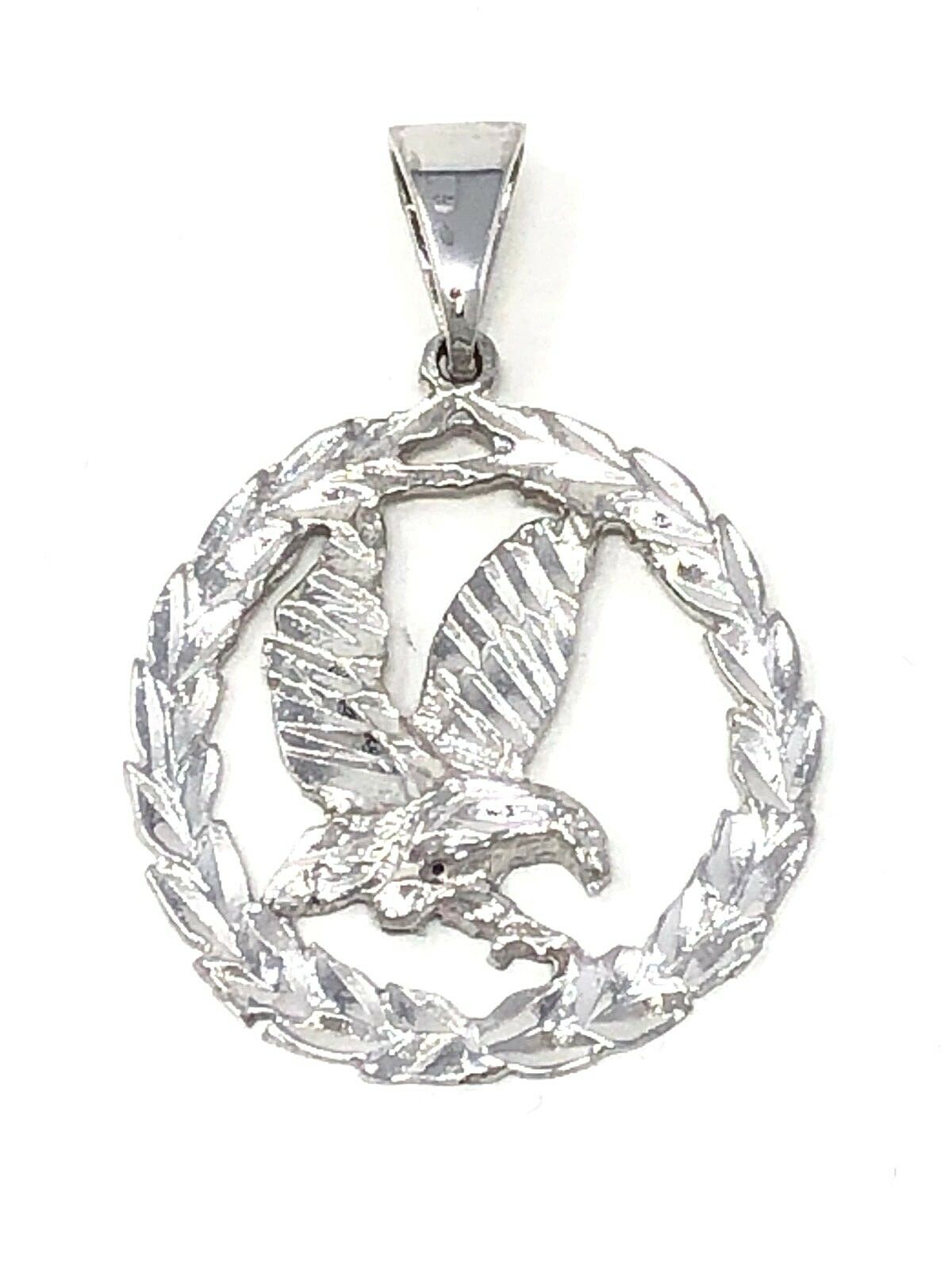 14k White Gold Solid Diamond Cut Flying Eagle in Wreath Charm Pendant 1.38" 4.5g