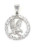 14k White Gold Solid Diamond Cut Flying Eagle in Wreath Charm Pendant 1.38" 4.5g