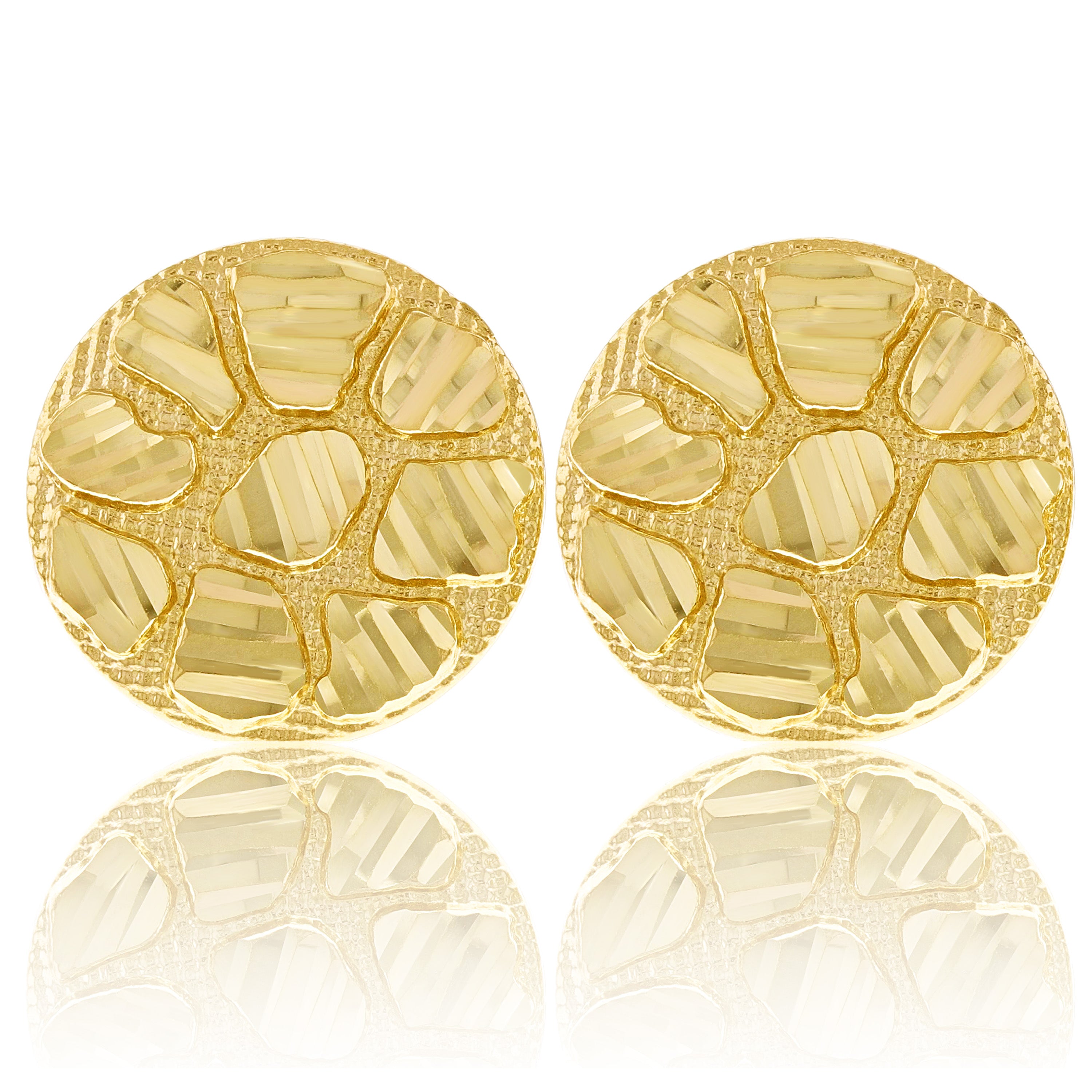 14k Yellow Gold Diamond Cut Nugget Round Stud Earrings 20mm 4.8 grams