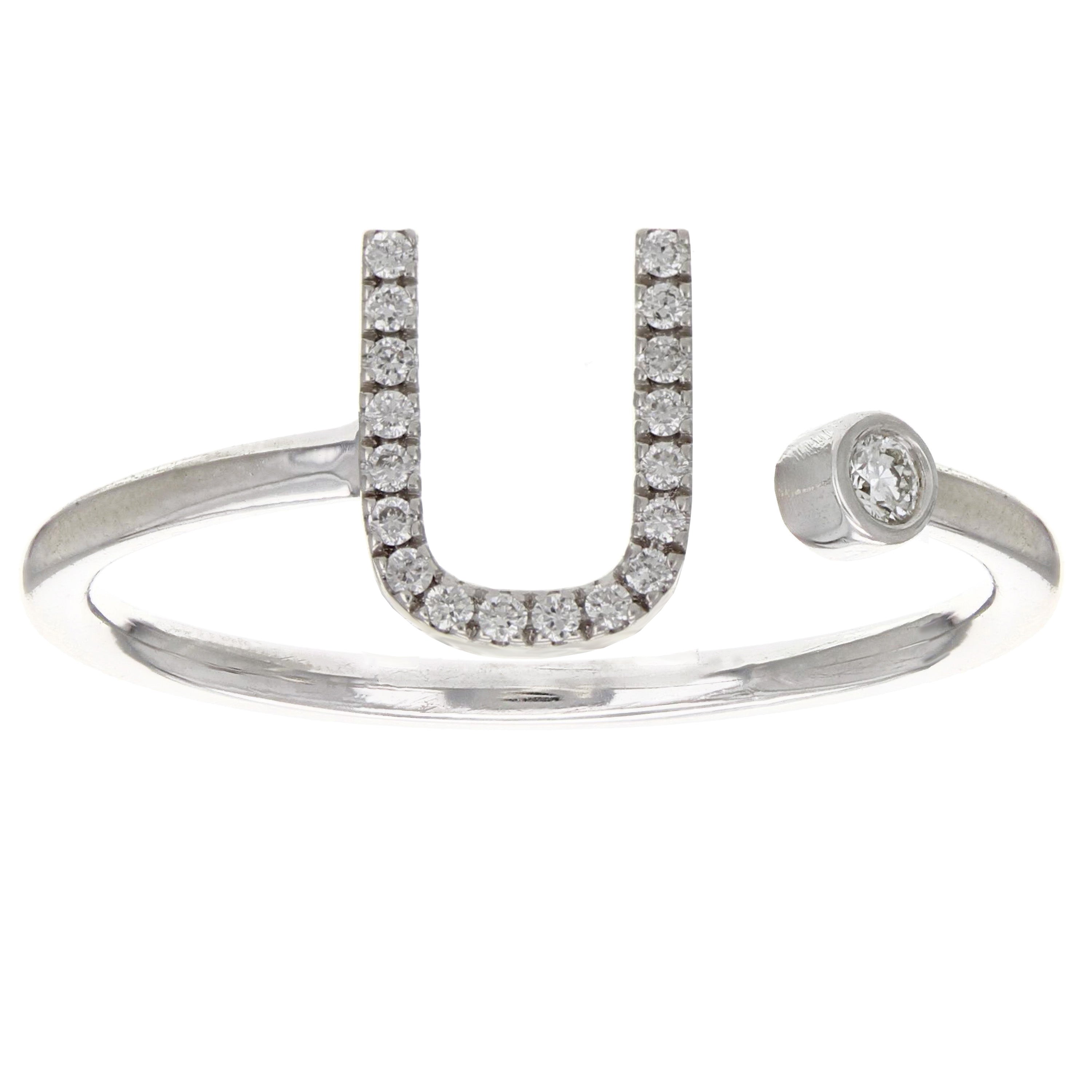 14k White Gold Diamond Initial Letter U Ring Size 6 - Letter U,White