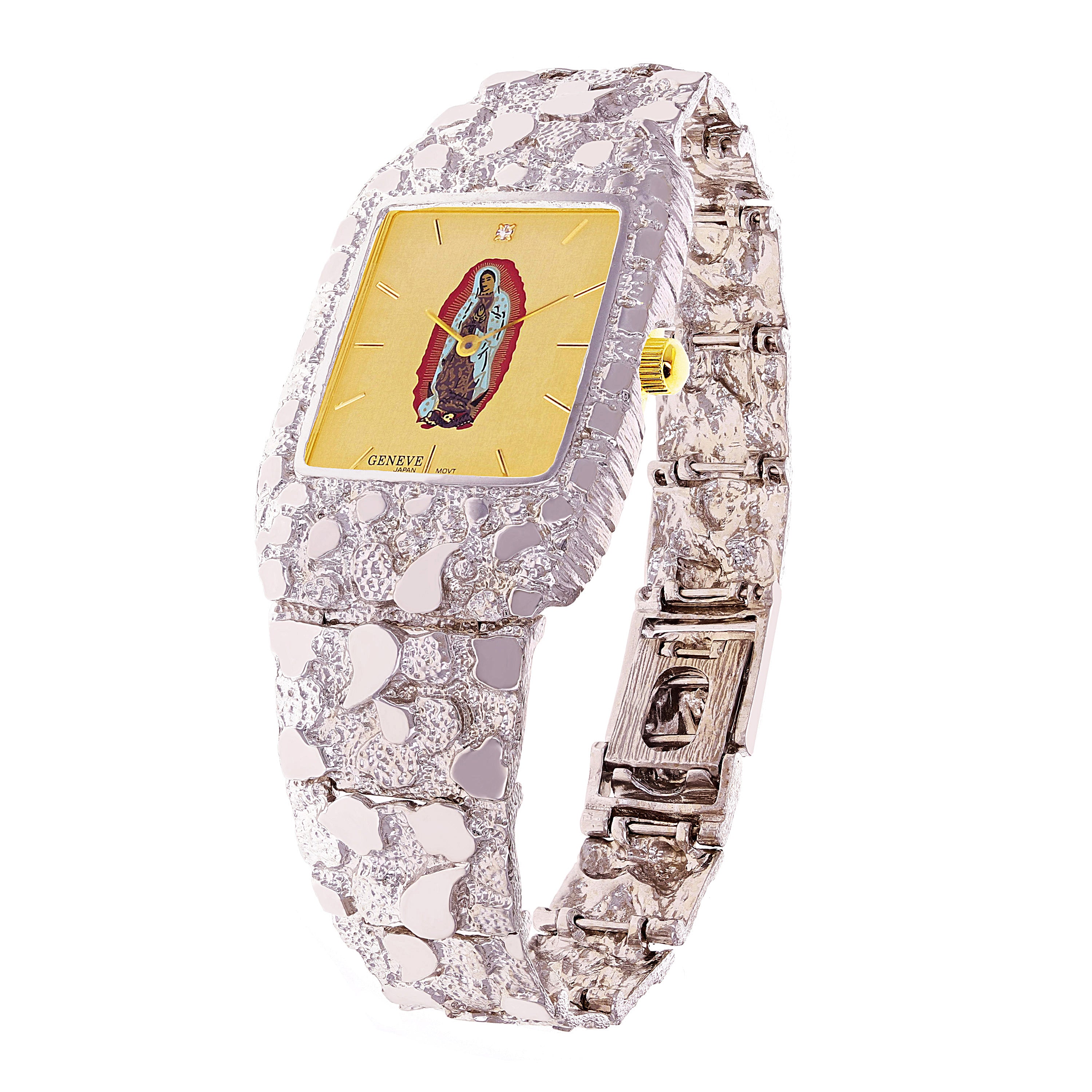 925 Sterling Silver Nugget Link Band Geneve Guadalupe Diamond Watch 7-7.5" 44 grams - 7" 44 grams