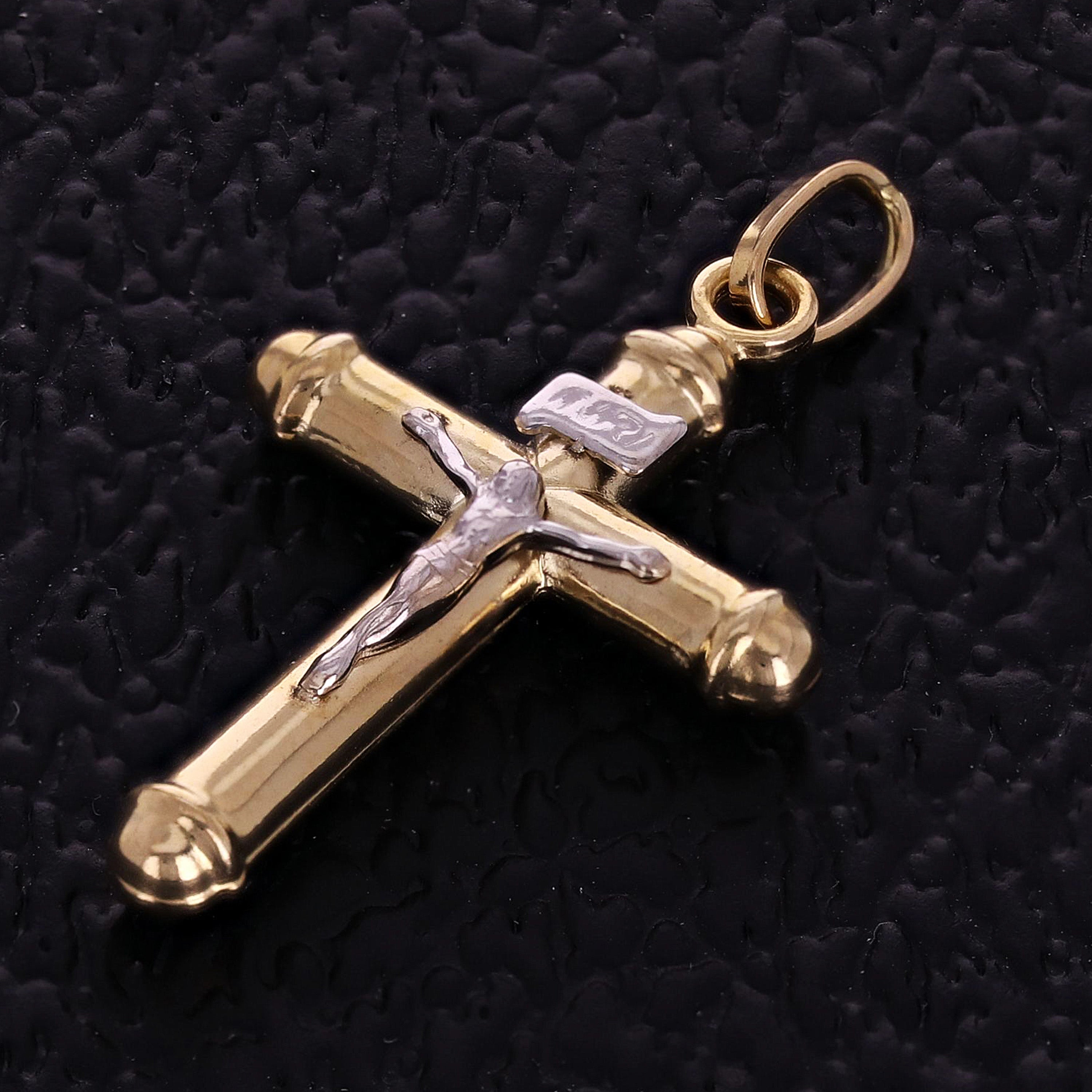 14k Two-Tone Gold Hollow INRI Crucifix Cross Charm Pendant 1.4" 1.6 grams