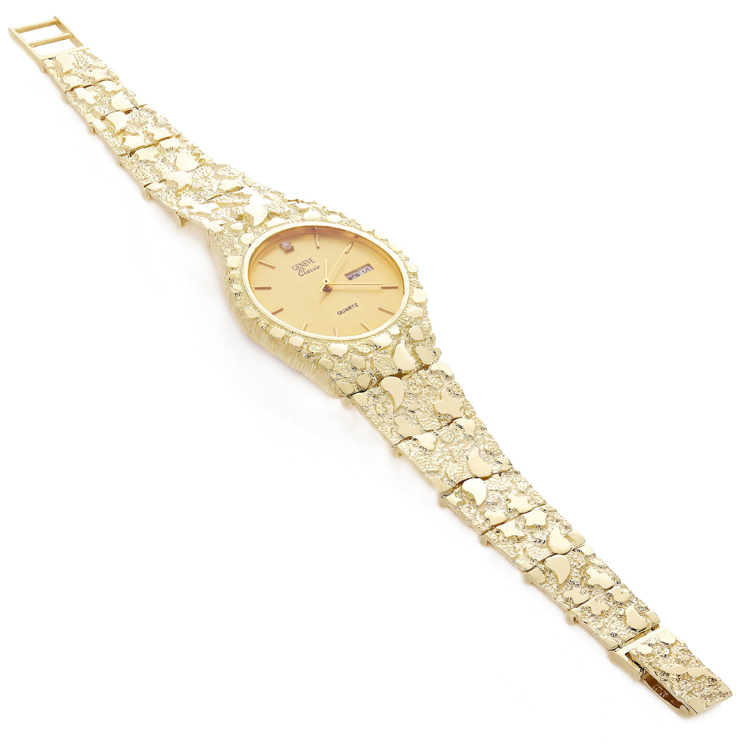 14k Yellow Gold Nugget Link Geneve Wrist Watch with Diamond 7-7.5" 53 grams