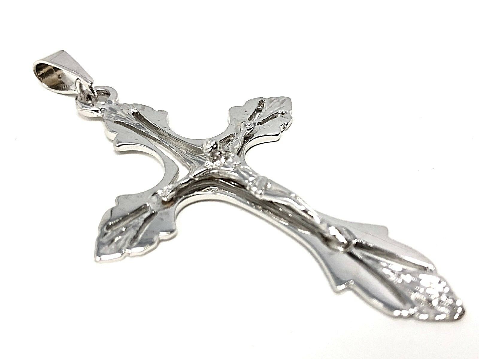 10k White Gold Solid Religious Jesus Crucifix Cross Charm Pendant 2" 4.8 grams