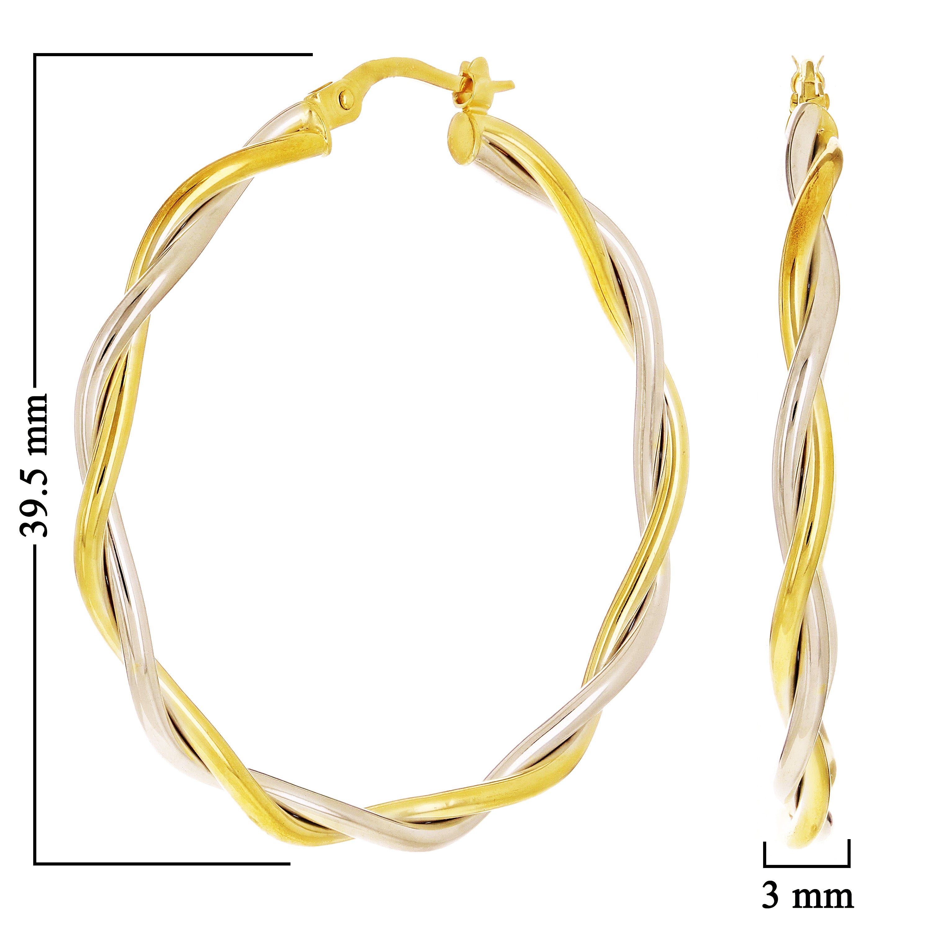 Italian 14k Yellow & White Gold Hollow Round Twisted Earrings 1.6" 3mm 2.1 grams