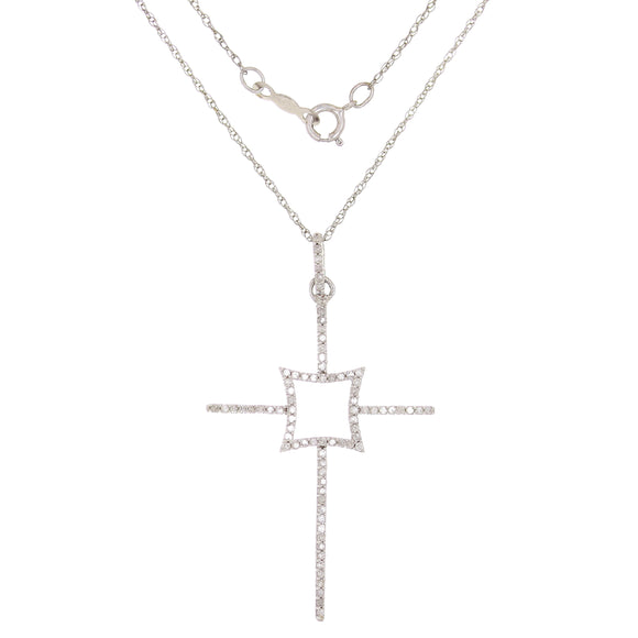 10k White Gold 0.27ctw Diamond Four Evangelists Square Cross Pendant Necklace